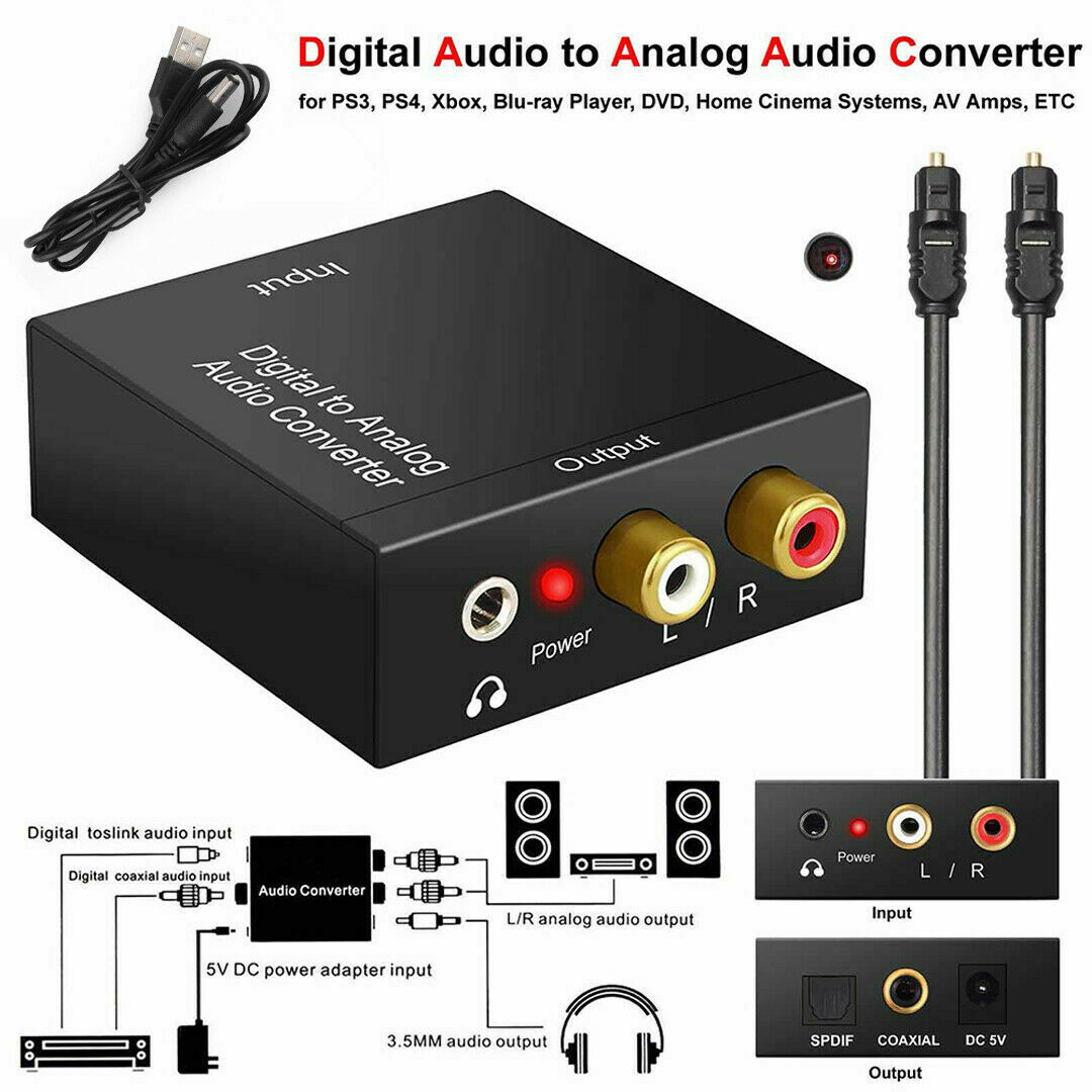 Audio Converter Digital Fiber Coaxial to Left and Right Channel 3.5mm Audio Analog Converter black