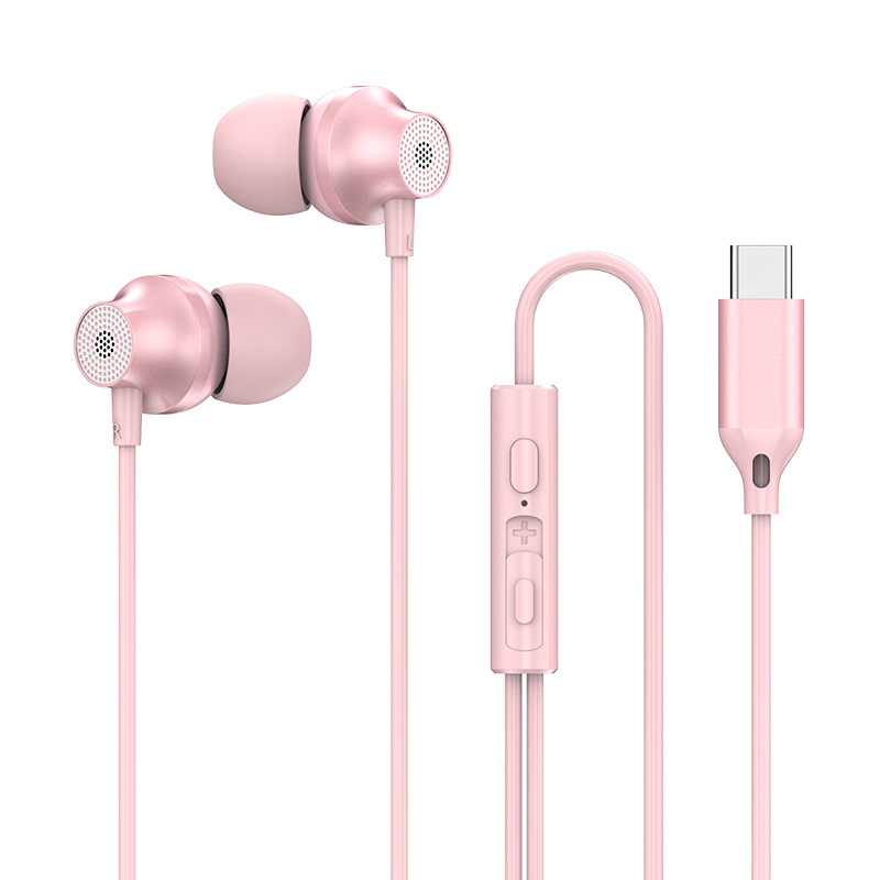 Copper Driver Hifi Sports Headphones In-ear Type-c Wire-controlled Earphones Bass Music Headset for MP3 Phone pink