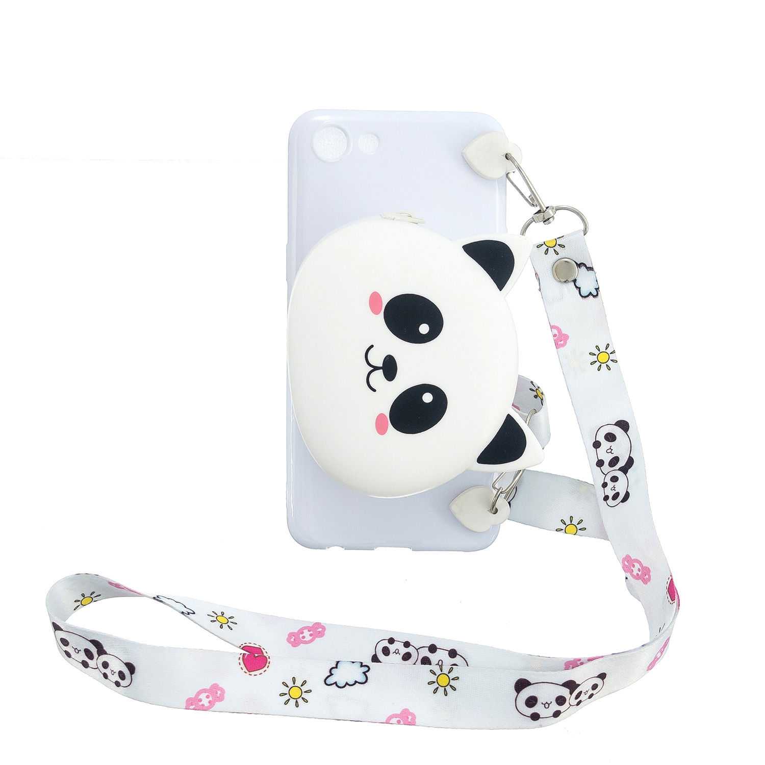 For OPPO A83/A9 2020 Cellphone Case Mobile Phone TPU Shell Shockproof Cover with Cartoon Cat Pig Panda Coin Purse Lovely Shoulder Starp White