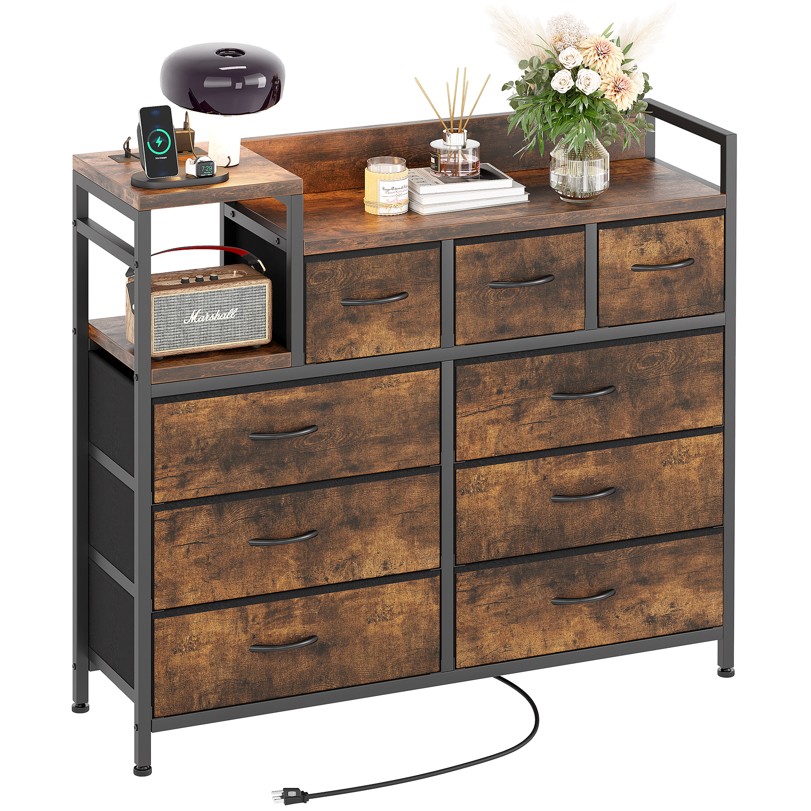 US GARVEE Dresser TV Stand with Power Outlet, Bedroom Dresser with 9 Drawers, Chest of Drawers for Living Room, Hallway - Rustic Brown