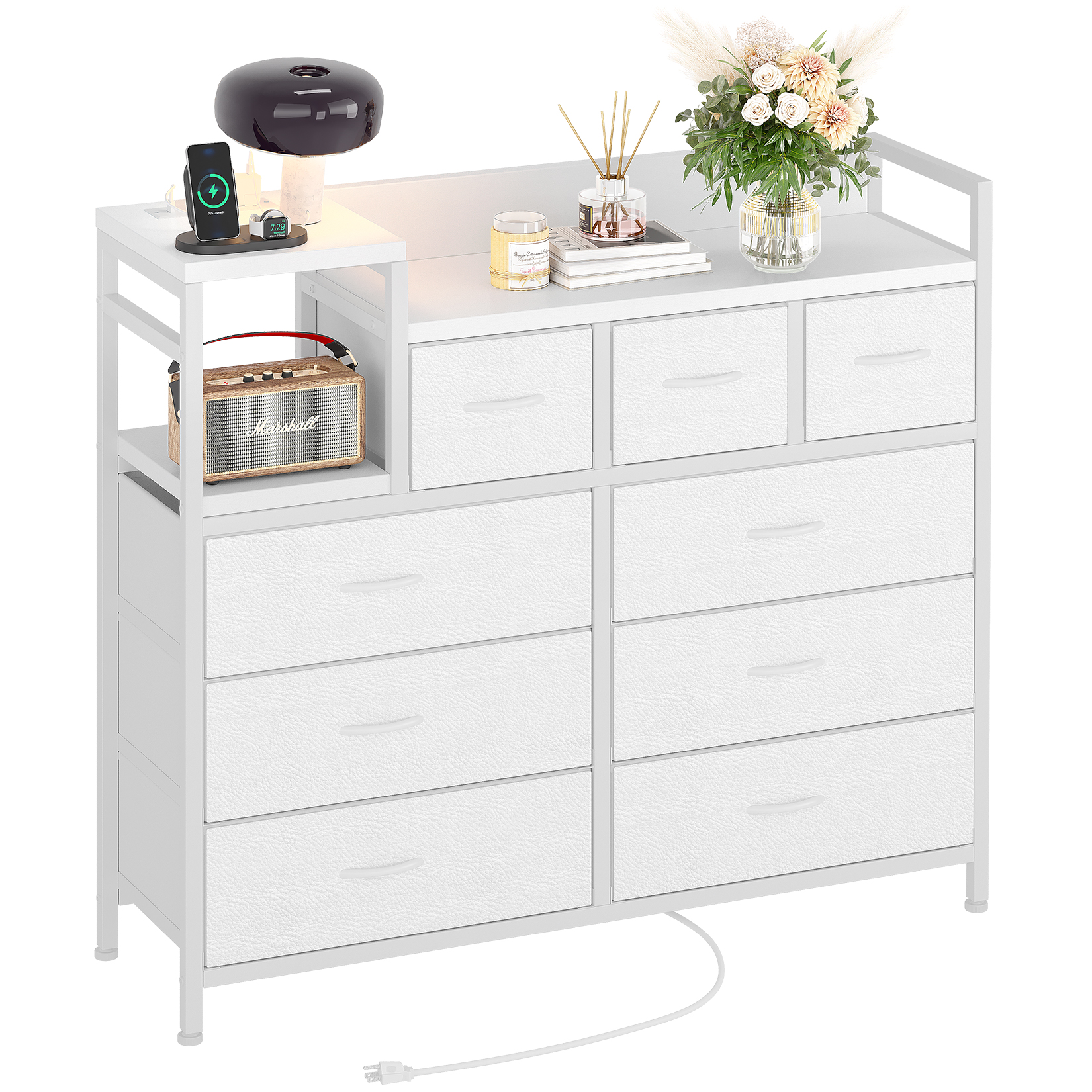 US GARVEE TV Stand with Charging Station, Bedroom Dresser for Living Room TV Stand with 9 Drawers, White