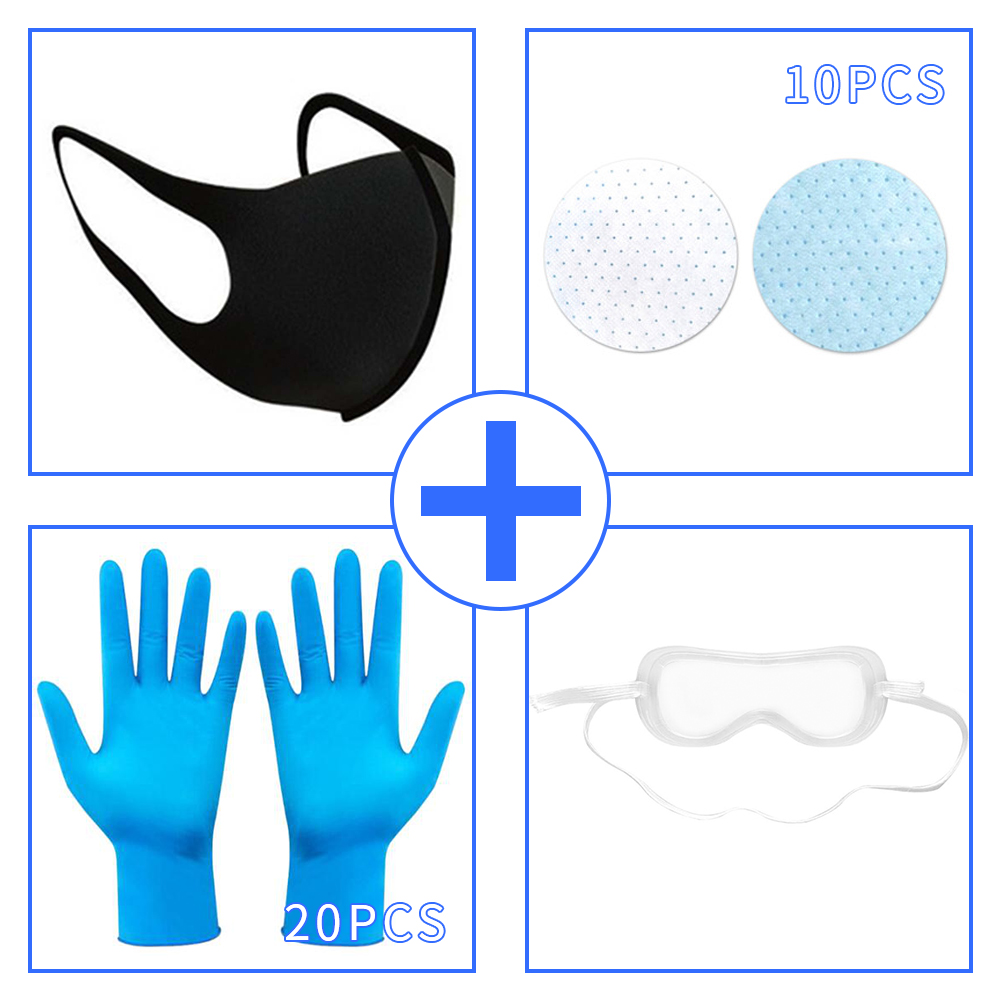 Mask + Filter + Goggles + Disposable Gloves Set Anti acteria Dustproof Protective Cover L_Mask + gasket * 10 + goggles * 1 + gloves * 20