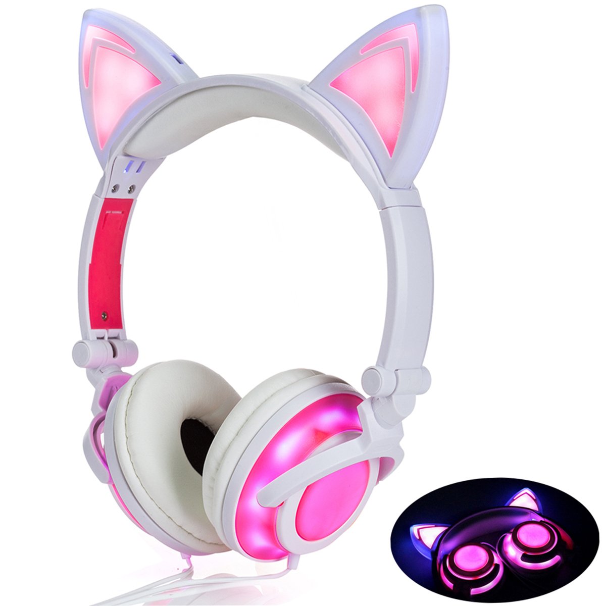 Cute Cat Ear Headset LED Light with USB Chargeable Foldable Earphones for Ipad,Tablet,Computer,Mobile Phone  Pink