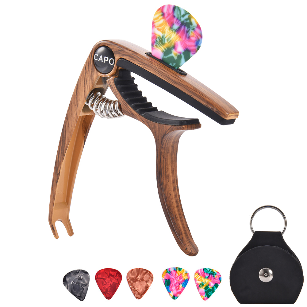 Guitar Capo for Acoustic and Electric Guitars Bass Ukulele Mandolin Banjo with Picks and Picks Holder  Wood grain