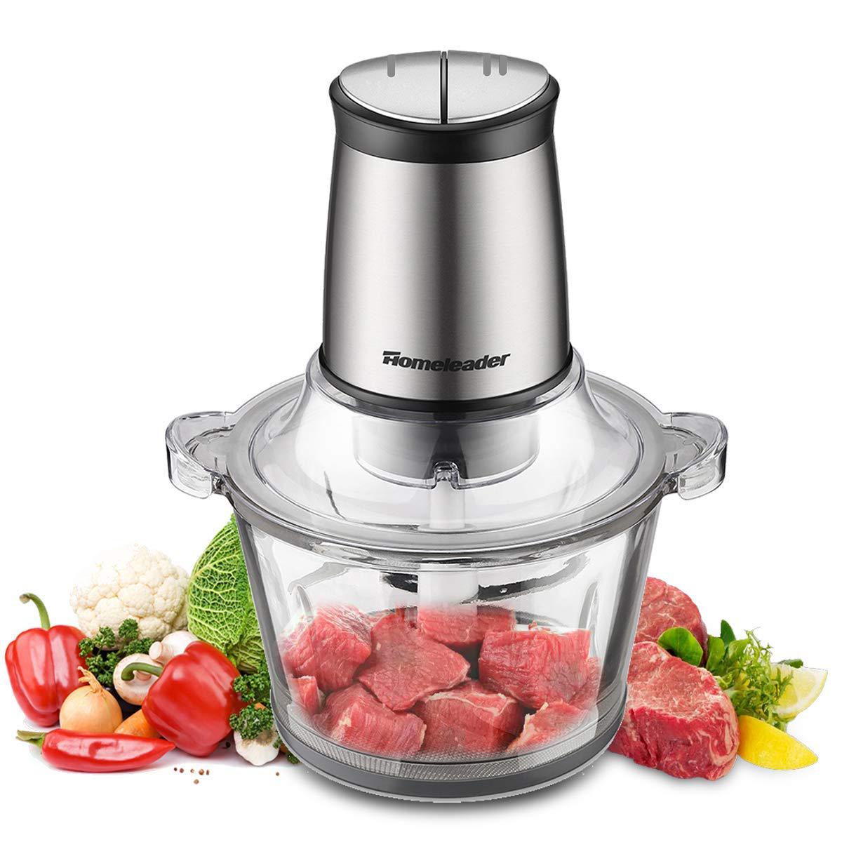 [US Direct] Electric Food Chopper, 8-Cup Food Processor by Homeleader, 2L BPA-Free Glass Bowl Blender Grinder for Meat, Vegetables, Fruits and Nuts, Fast & Slow 2-Speed, 4 Sharp Blades 31.5*19.6*21.1
