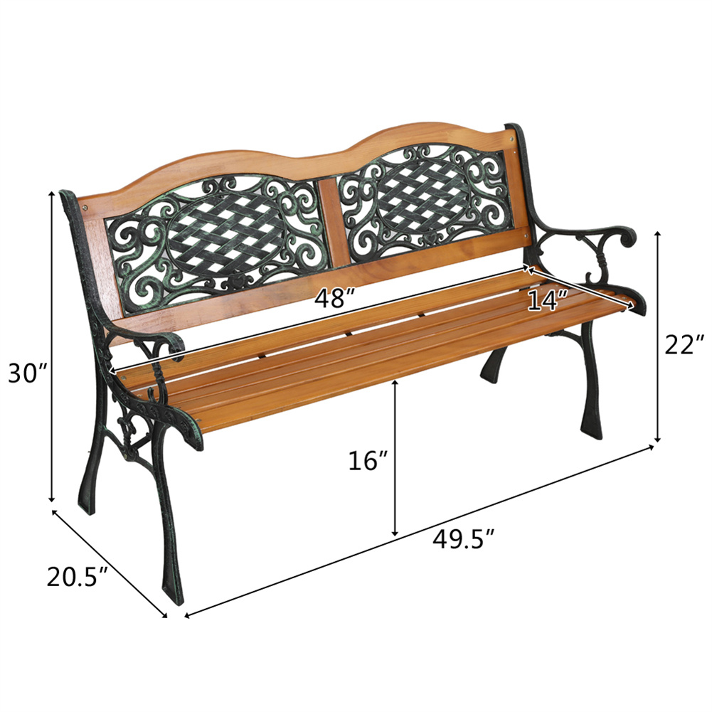 US 49 Inch Garden Bench Hardwood Slat Cast Iron Frame Loveseat with Armrests