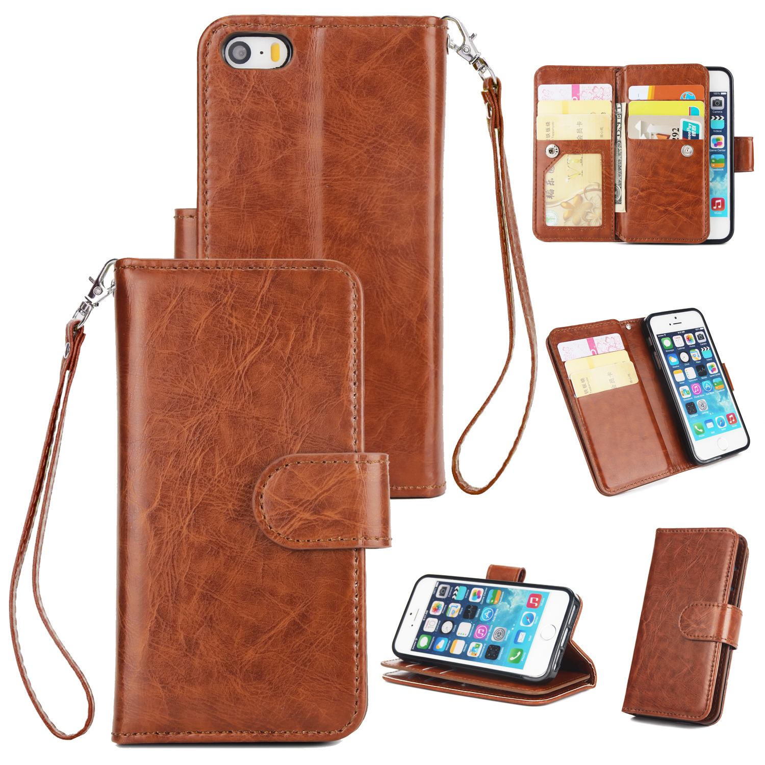 For iPhone 5/5S/SE PU Cell Phone Case Protective Leather Cover with Buckle & 9 Card Position & Lanyard & Bracket brown