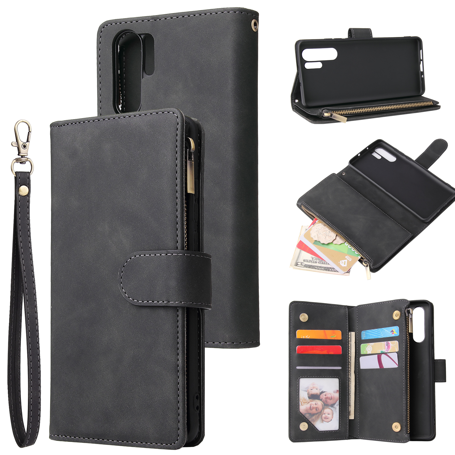 For HUAWEI P30 HUAWEI P30 lite HUAWEI P30 pro Multi-card Bracket Coin Wallet Zipper Mobile Phone PU Leather Phone Case  1 black