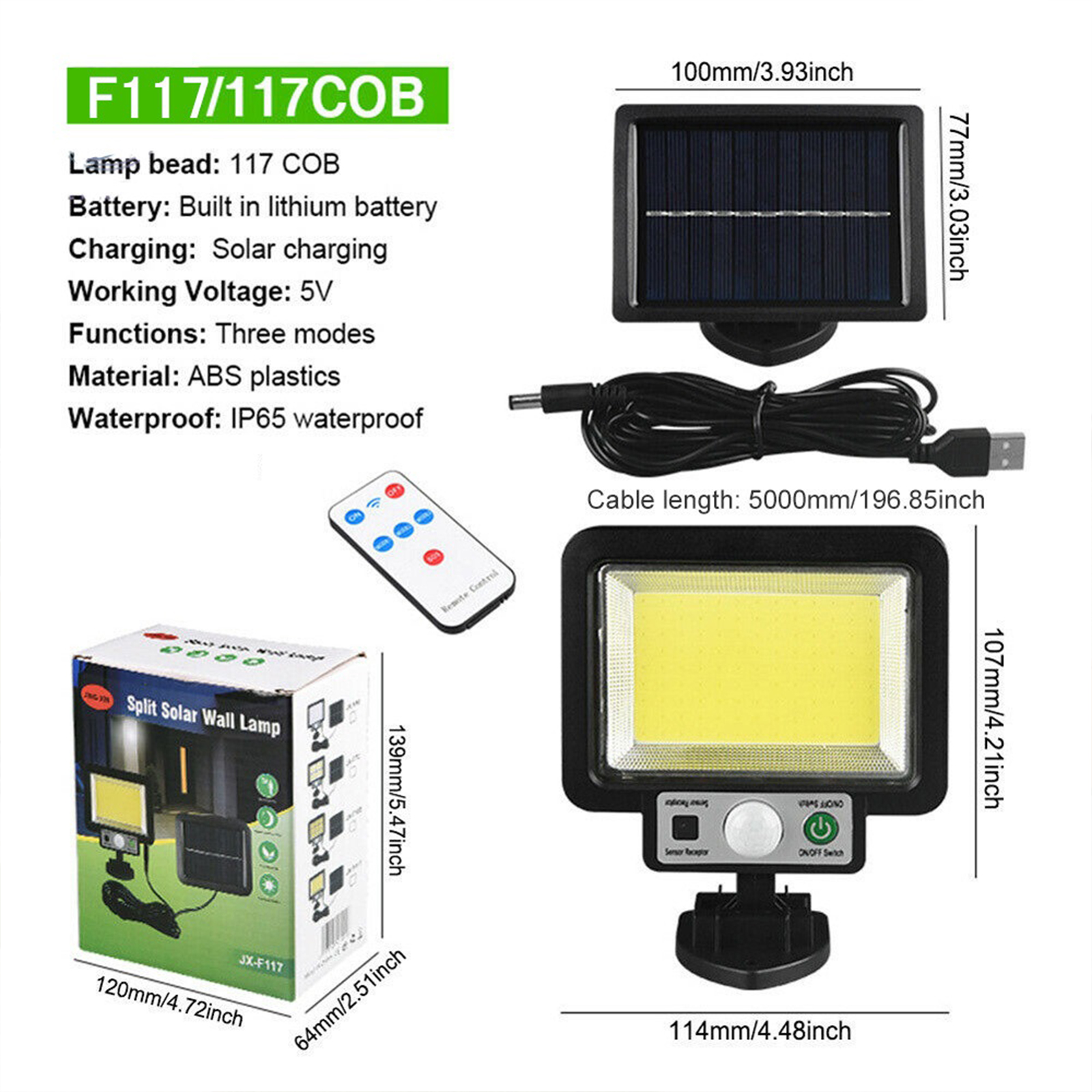 220000 Lumens Solar Street Light 3 Lighting Modes Waterproof 117cob Wall Lamp