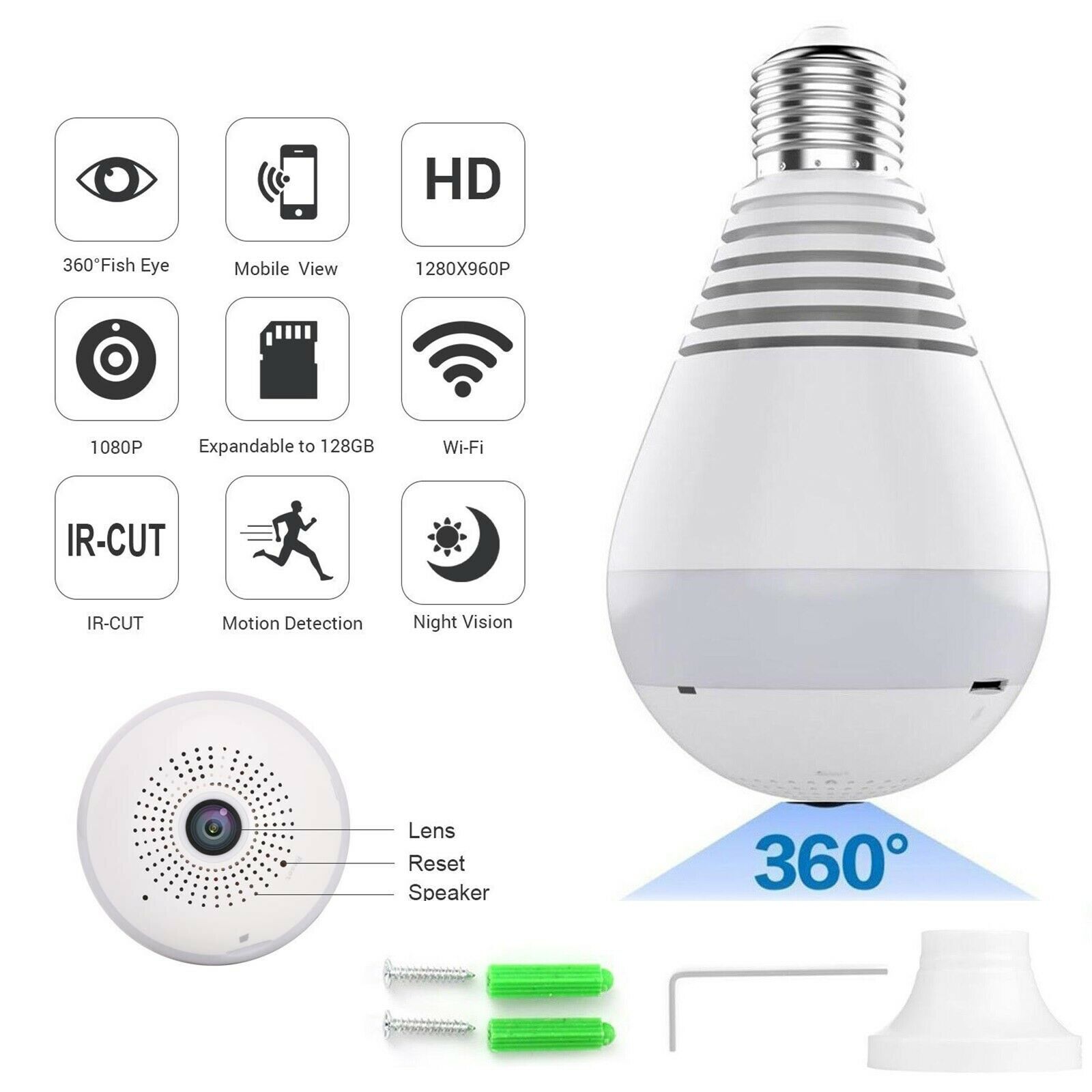 HD 360 Panoramic Hidden WiFi IP Camera Light Bulb Home Security Lamp Camera 960P (no card)