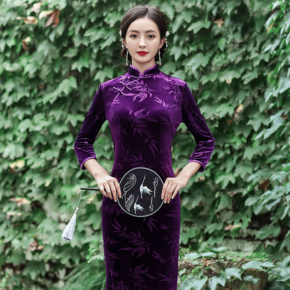 Women Velvet Cheongsam Dress Stylish Slim Fit Large Size Long Skirt Elegant Stand Collar High Slit Dress T0072-2 purple XXXXL