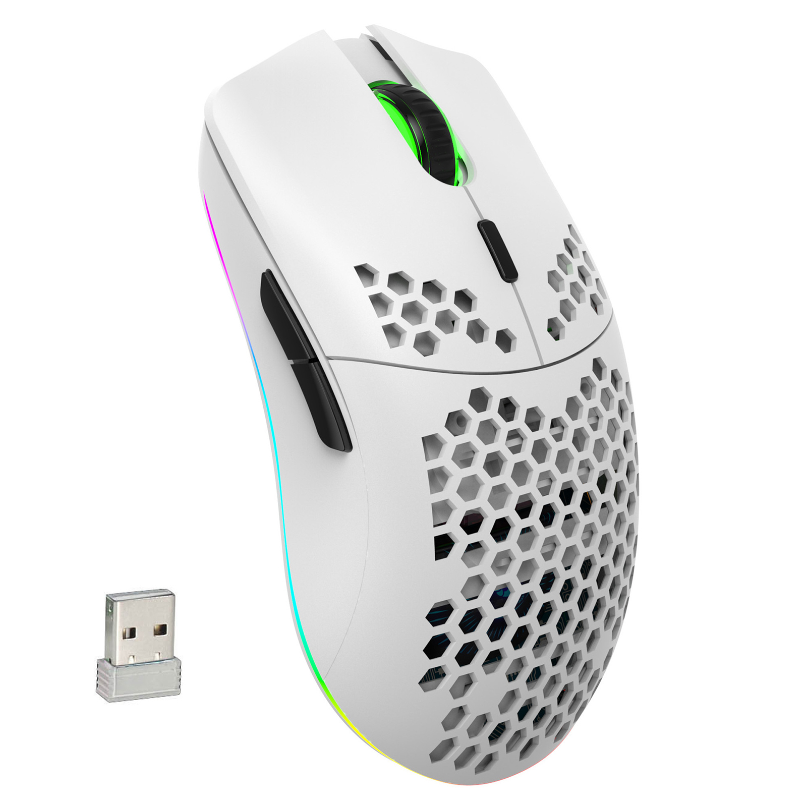 T66 2.4G Wireless Mouse Ergonomic High Precision Mice Portable Honeycomb Mouse 3600 DPI RGB Lighting Rechargeable Mice White