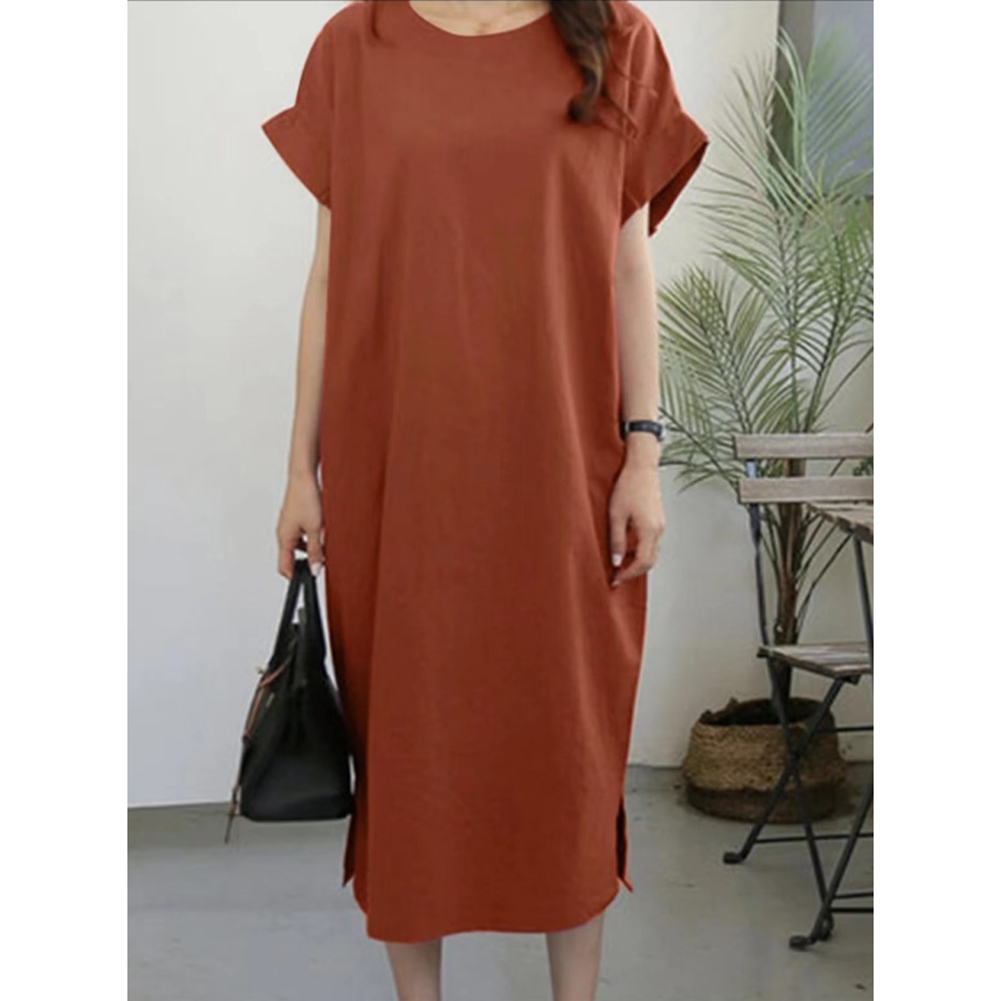 Women Summer Casual Round Neck Dress Solid Color Short Sleeve Loose Slit Long Dress rust red 2XL