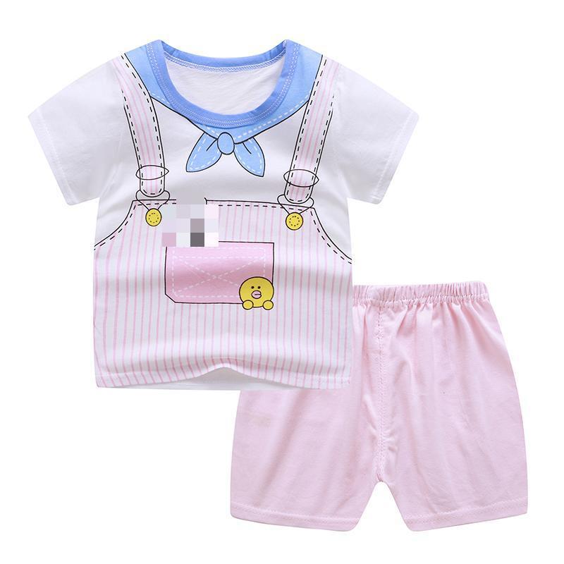2-piece Boys Round Neck Short Sleeves T-shirt Shorts Two-piece Set Breathable Cotton Suit pink overalls 1-2Y 80cm