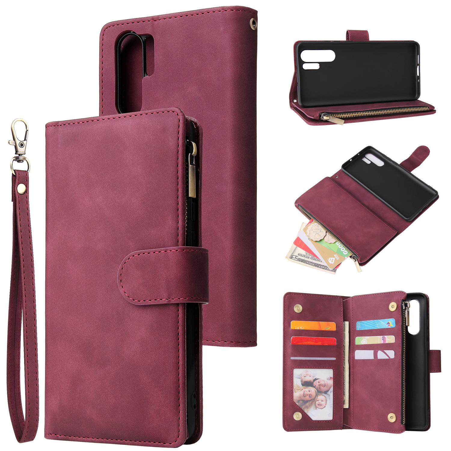 For HUAWEI P30 HUAWEI P30 lite HUAWEI P30 pro Multi-card Bracket Coin Wallet Zipper Mobile Phone PU Leather Phone Case  5 wine red
