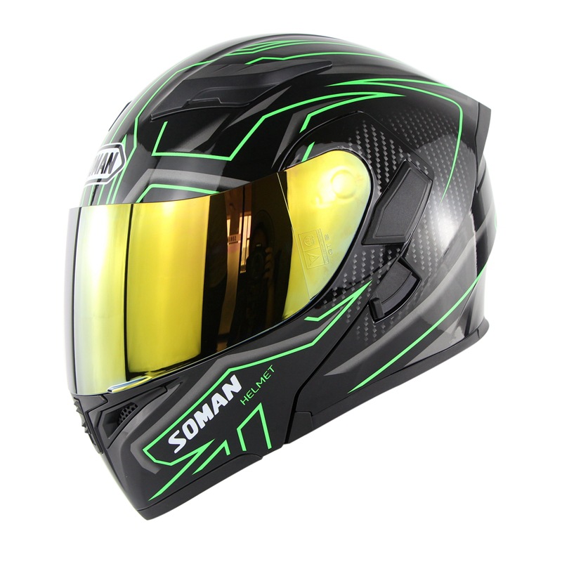 Cool Unisex Double Lens Flip-up Motorcycle Helmet Off-road Safety Helmet Line green with gold  lens_L
