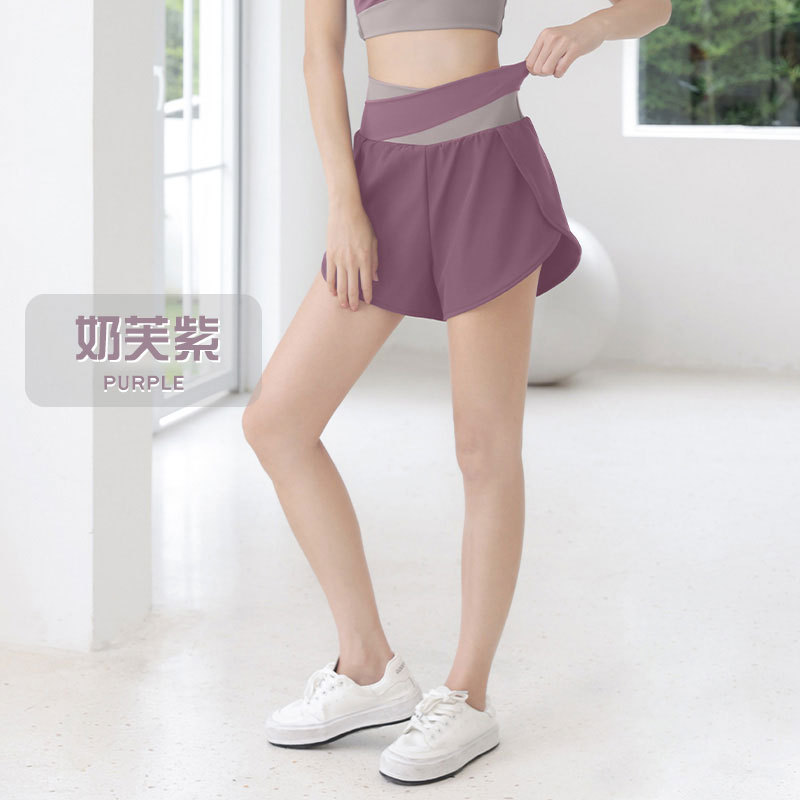 Women Yoga Shorts With Pocket Contrast Color Seamless Quick-drying Sports Short Pants For Running Fitness Cycling purple L