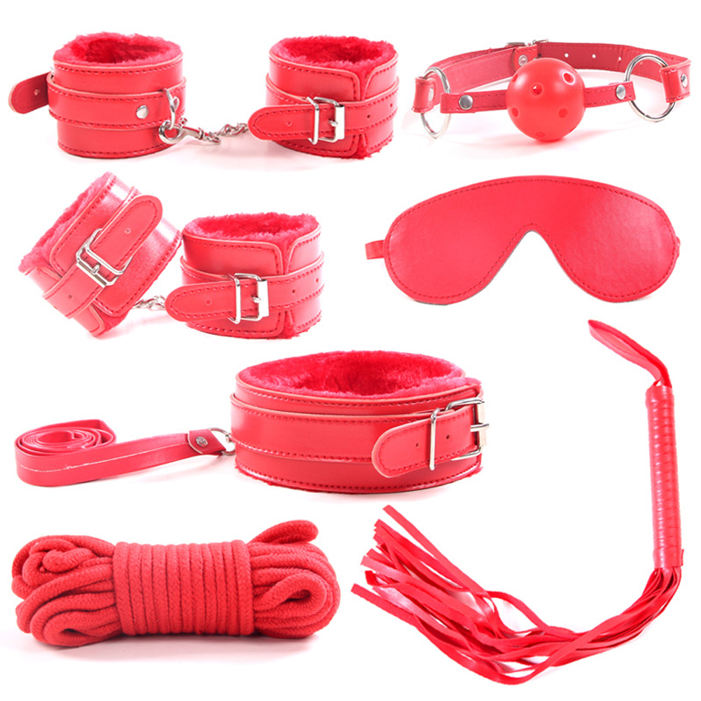 Wholesale 7Pcs/set SM Game Bed Restraint Kit Leather Bondage Handcuffs Fetter Eye Mask Rope Sex Toy for Couple Adult red From China