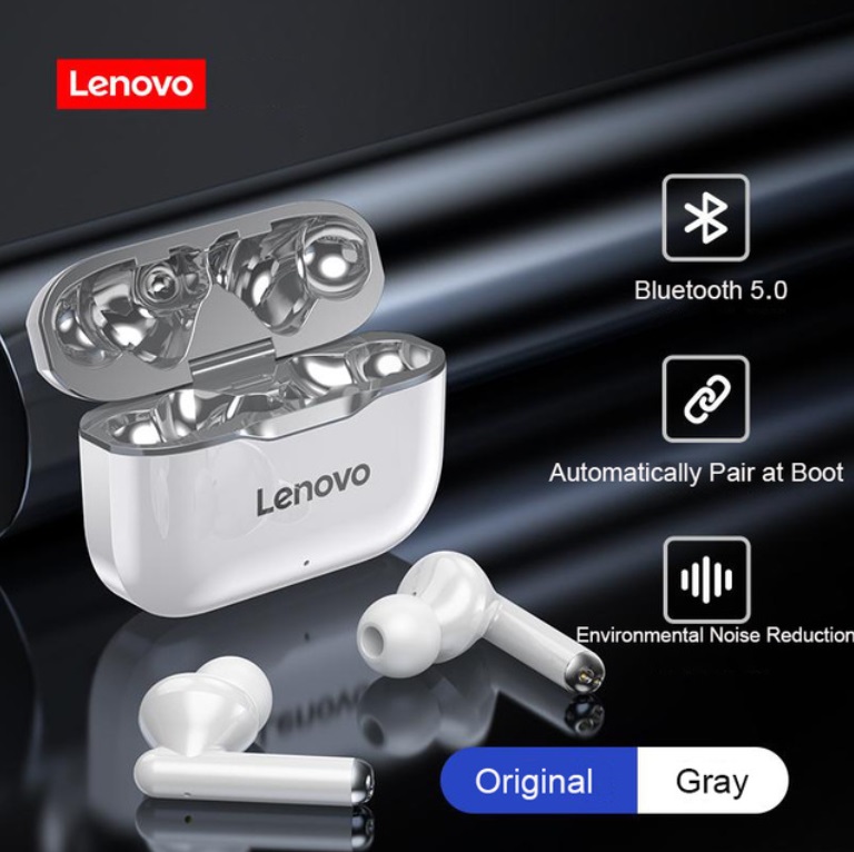 Original LENOVO Wireless Earphones Bluetooth 5.0 TWS LP1 Earbuds 9D Stereo Sound Noise Reduction IPX4 Headsets With Mic  gray