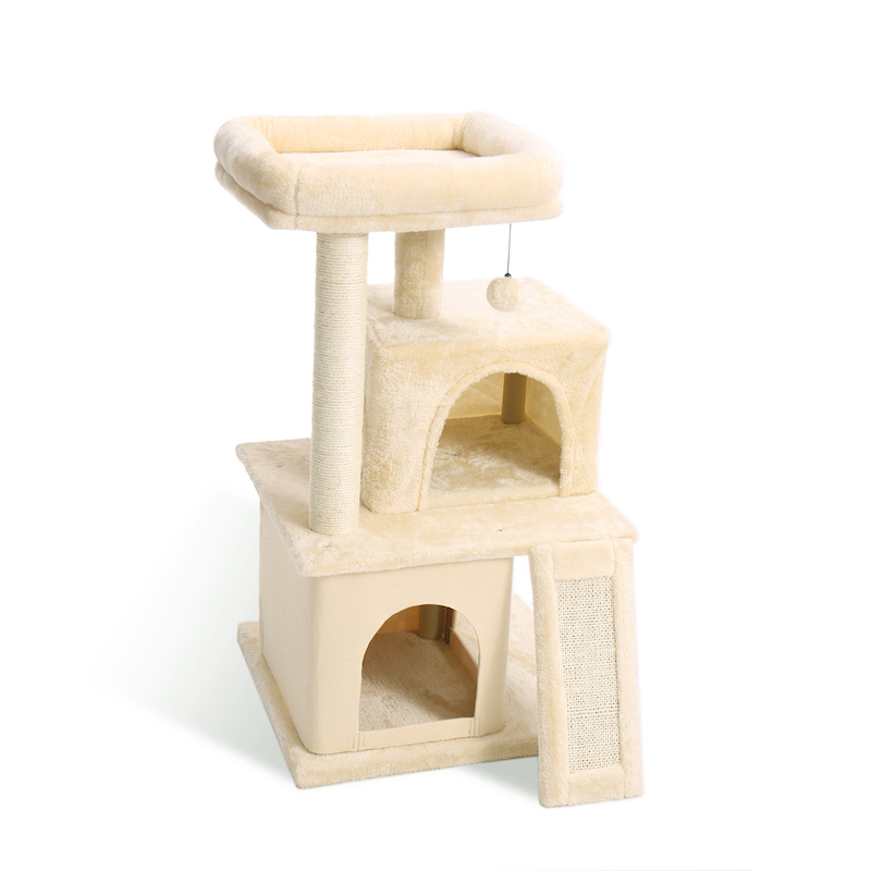 [US Direct] Cat Tree Sisal Scratching Post Kitten Furniture Plush Condo Playhouse with Dangling Toys Cats Activity Centre Beige