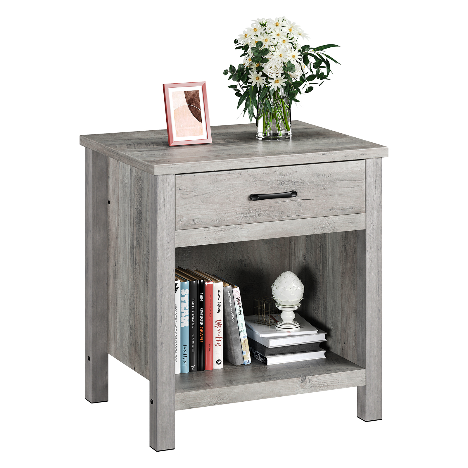 US GARVEE Farmhouse Square Nightstand with Storage Drawer and Shelf Wood End Table Beside Table Nightstands for Bedroom Nursery Living Room College Dorm, Grey