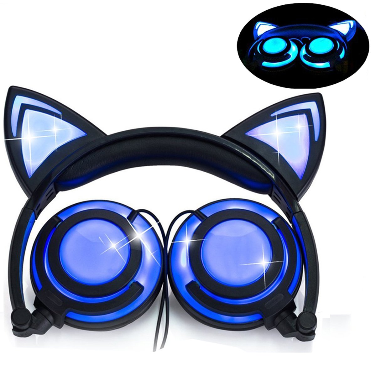 Cute Cat Ear Headset LED Light with USB Chargeable Foldable Earphones for Ipad,Tablet,Computer,Mobile Phone  blue