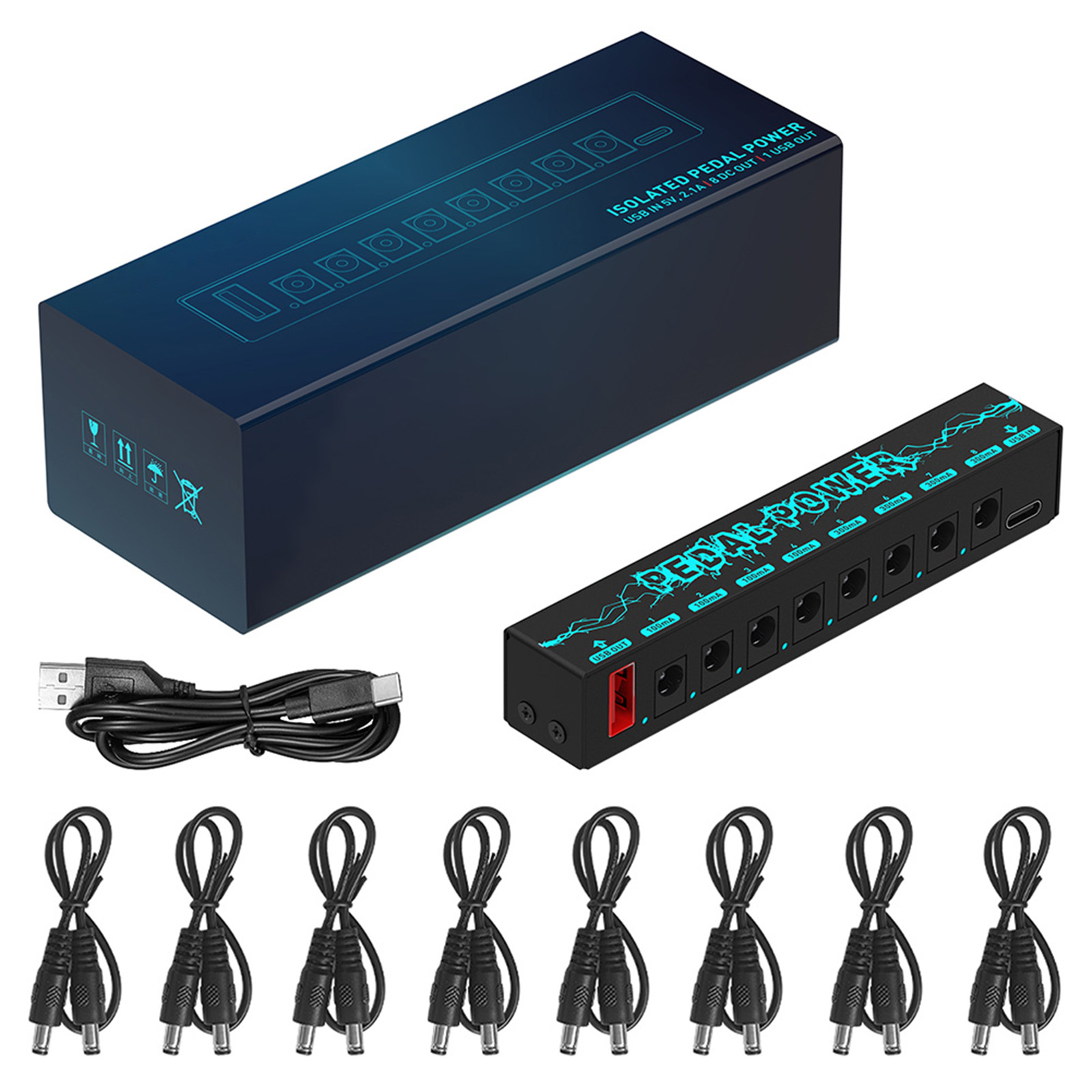 PW-1 Guitar Pedal Power Supply 8 Isolated DC Output For 9V 300mA/100mA Pedalboard With Short Circuit Overcurrent Protection black