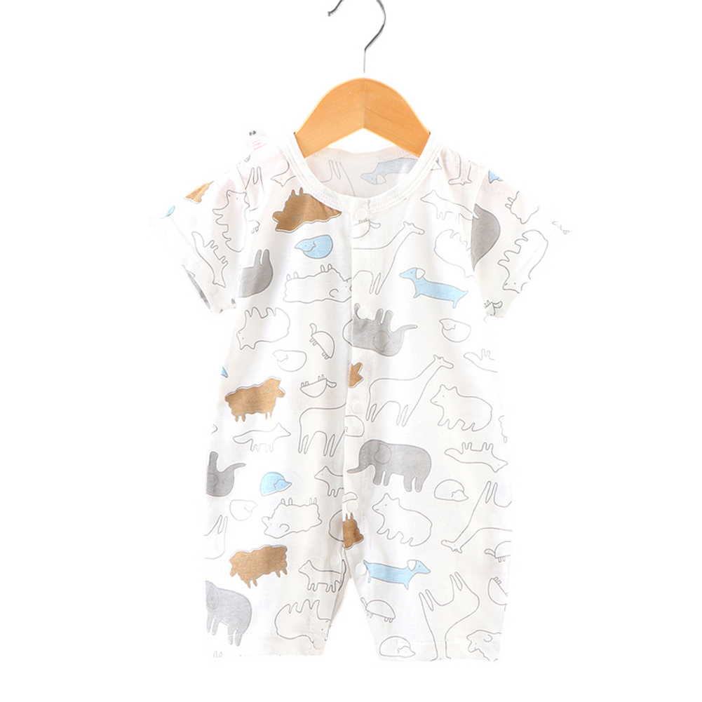Kids Jumpsuit Newborn Short Sleeves Thin Romper Cartoon Printing Cotton Nightwear For 0-2 Years Old Boys Girls grizzly bear 6-12 months M