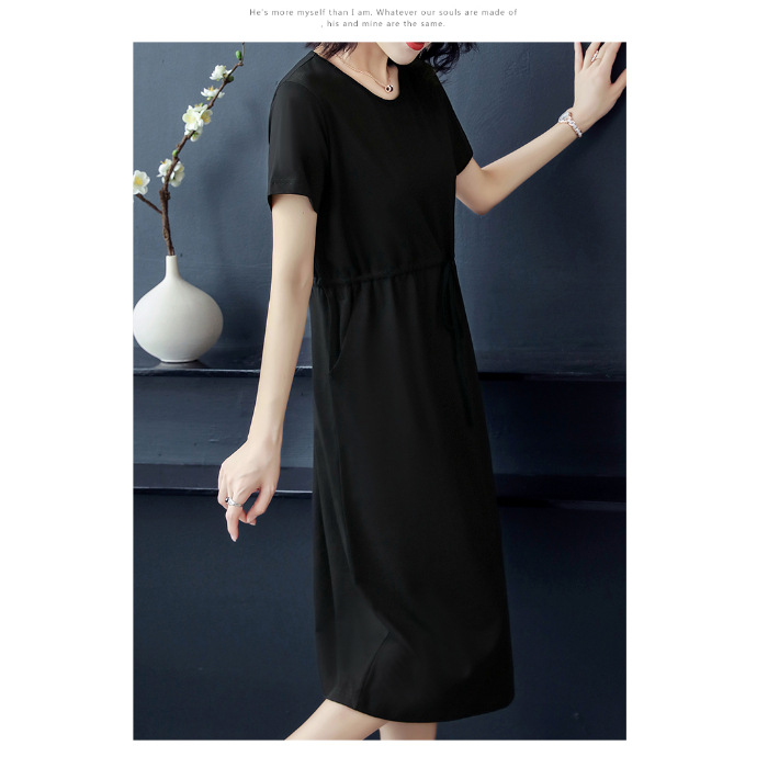 Women Summer Round Neck Short Sleeves Dress With Pocket Elegant Lace-up Solid Color Large Size Midi Skirt black L