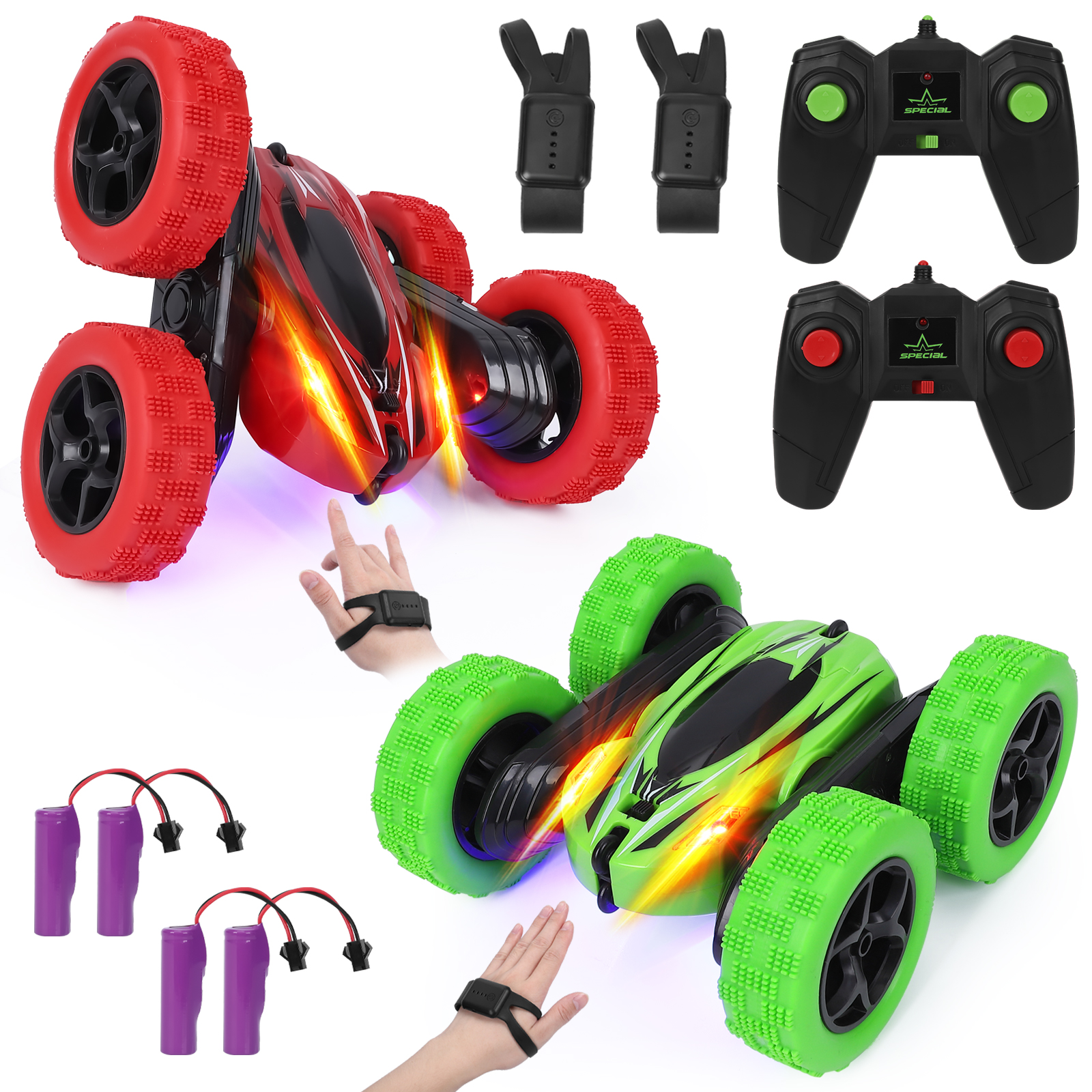 US THINKMAX 2Pack RC Stunt Car Watch Gesture Sensor Car Green+Red