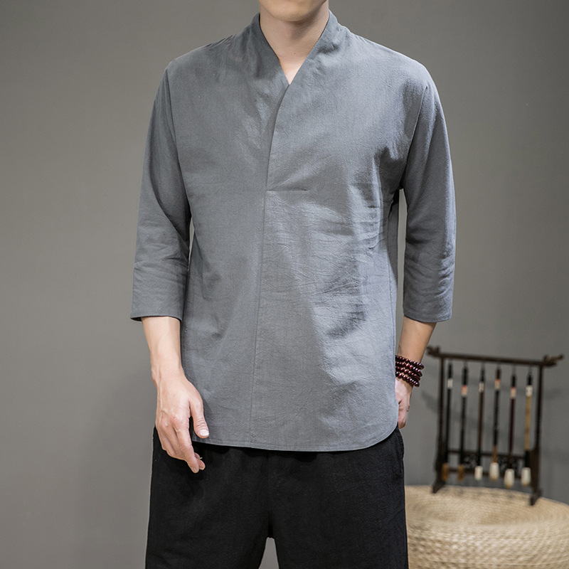 Men V-neck Cotton Linen T-shirt Summer Chinese Style Slim Fit Large Size Tops Simple Solid Color Casual Shirt grey 4XL