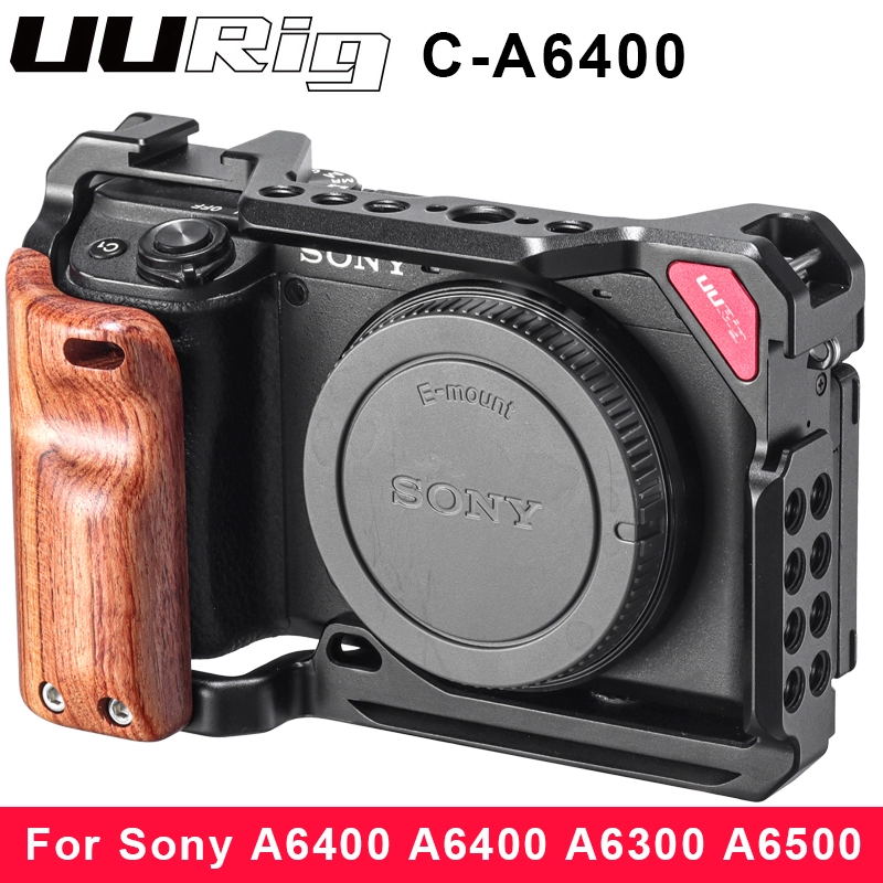 UURig Metal Cage Case for Sony A6400 A6300 A6100 A650 with Wooden Handle Cold Shoe 1/4 Screw 3/8 Screw for Microphone LED Light black