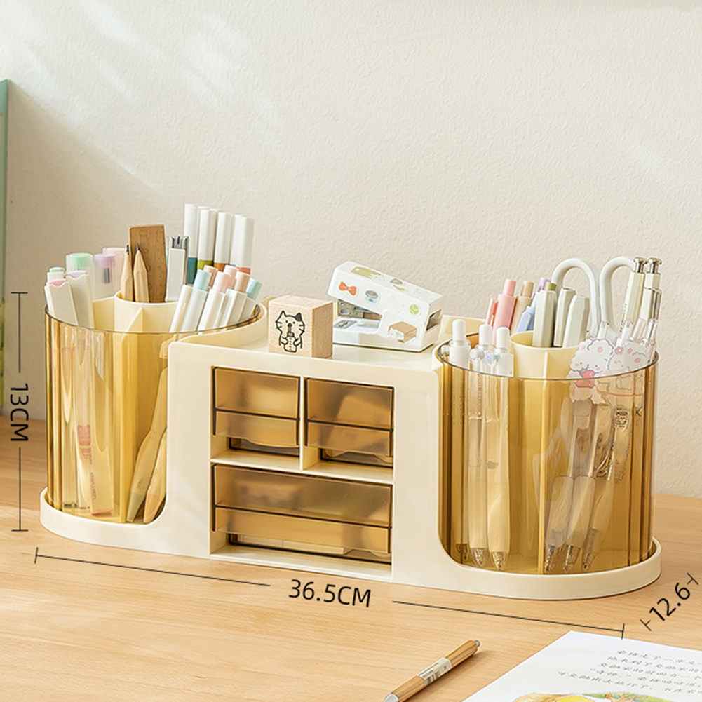 Double Rotating Desk Organizer With 3 Drawer, 2 Rotating Pen Holders, 1 Top Storage Box, Large Capacity Pencil Holder Cosmetic Display Case, For Home, School yellow