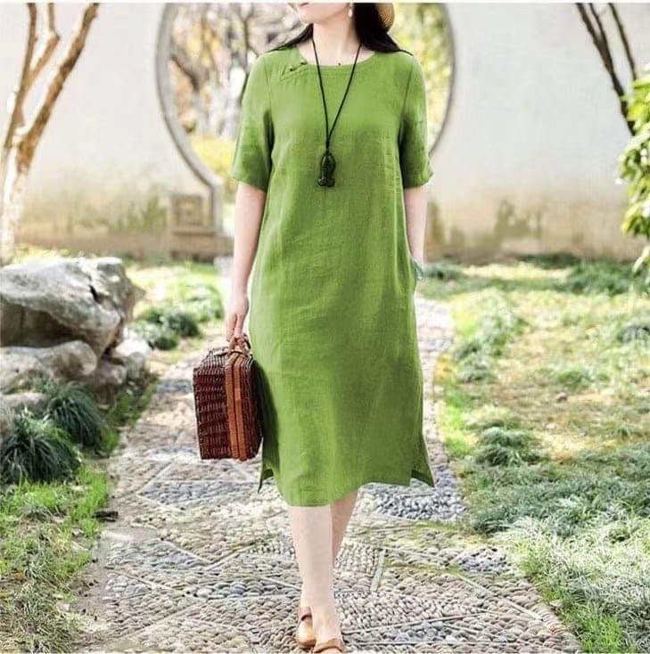 Women Short Sleeves Dress Fashion Chinese Style Cotton Linen Midi Skirt Loose Solid Color Round Neck Dress Grass green M