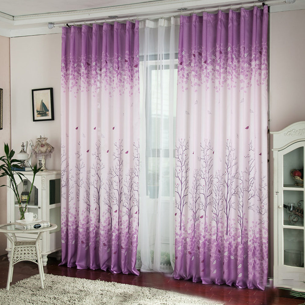 Purple Pachira Macrocarpa Printed Window Curtain for Home Decoration W 100cm x H 200cm_purple