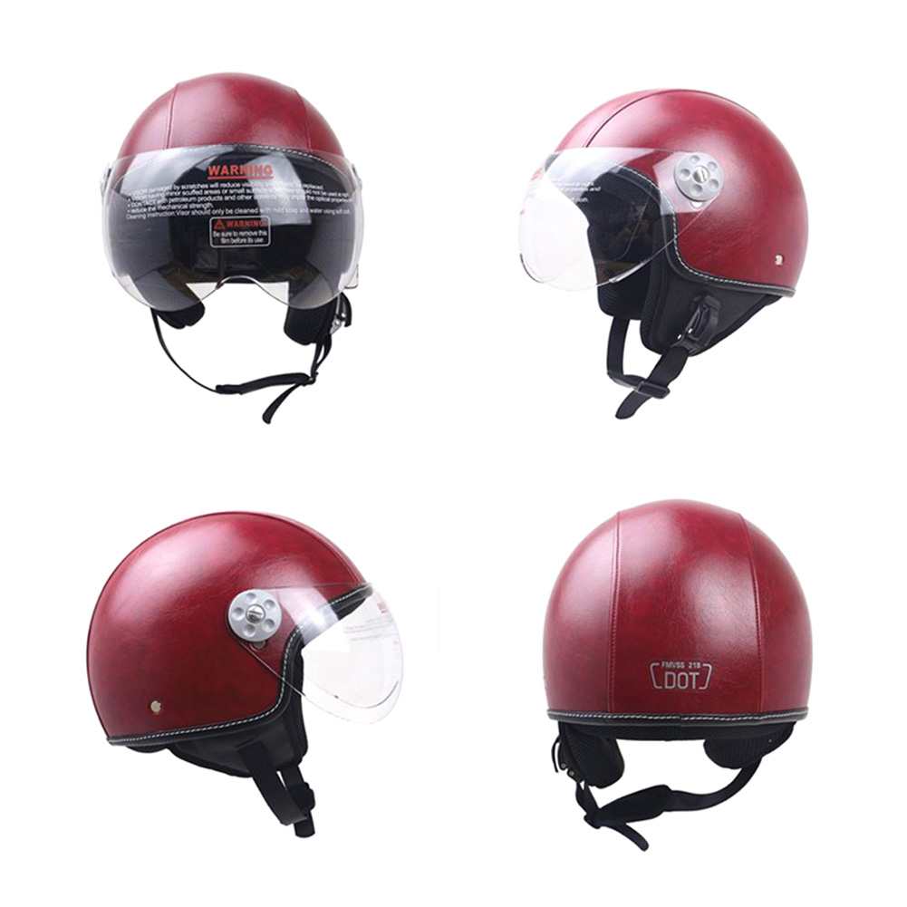 DOT Certification Helmet Leather Cover Scooter Vintage Helmet Coffee Red XL