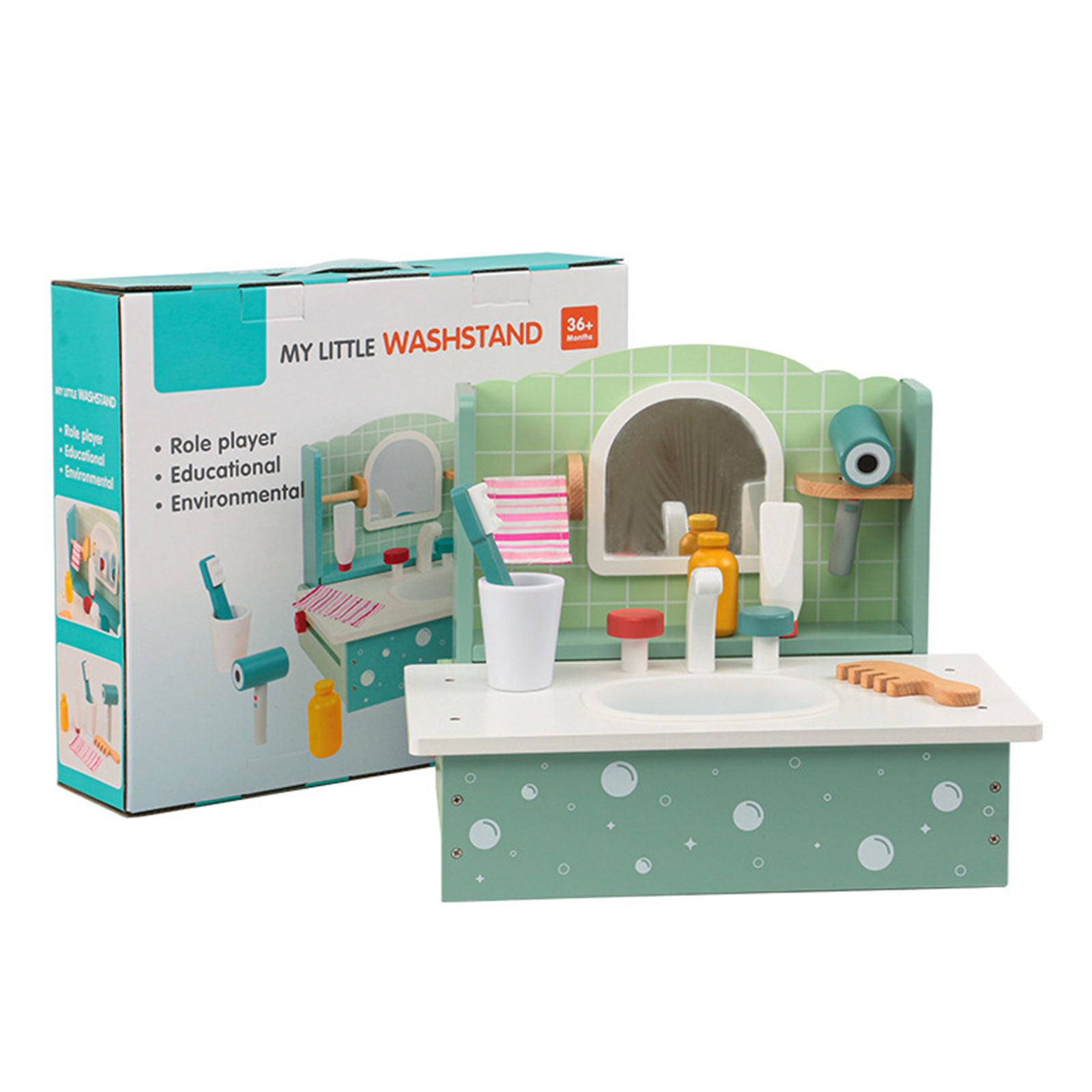 Simulation Dresser Washstand Set Wooden Pretend Play Vanity Table Set