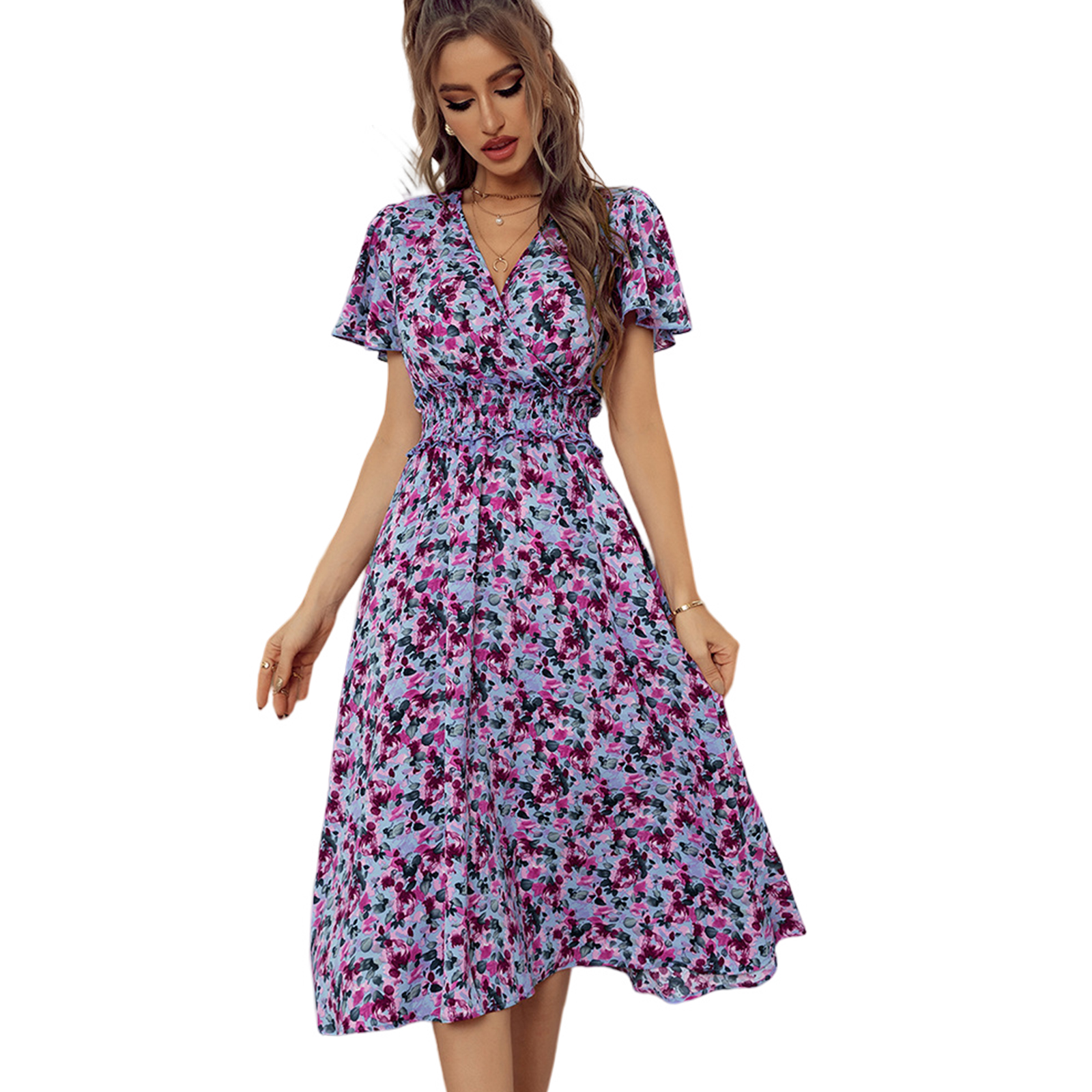 Women Short Sleeve Dress Elegant V-neck Ruffled Sleeve A-line Skirt Floral Printing Mid-length Dress red S