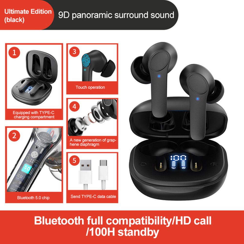 B11 Wireless  Headset Bluetooth-compatible 5.0 Strong Signal Binaural Call Stereo Sports Headphones Touch Screen Noise Canceling Earphone Black