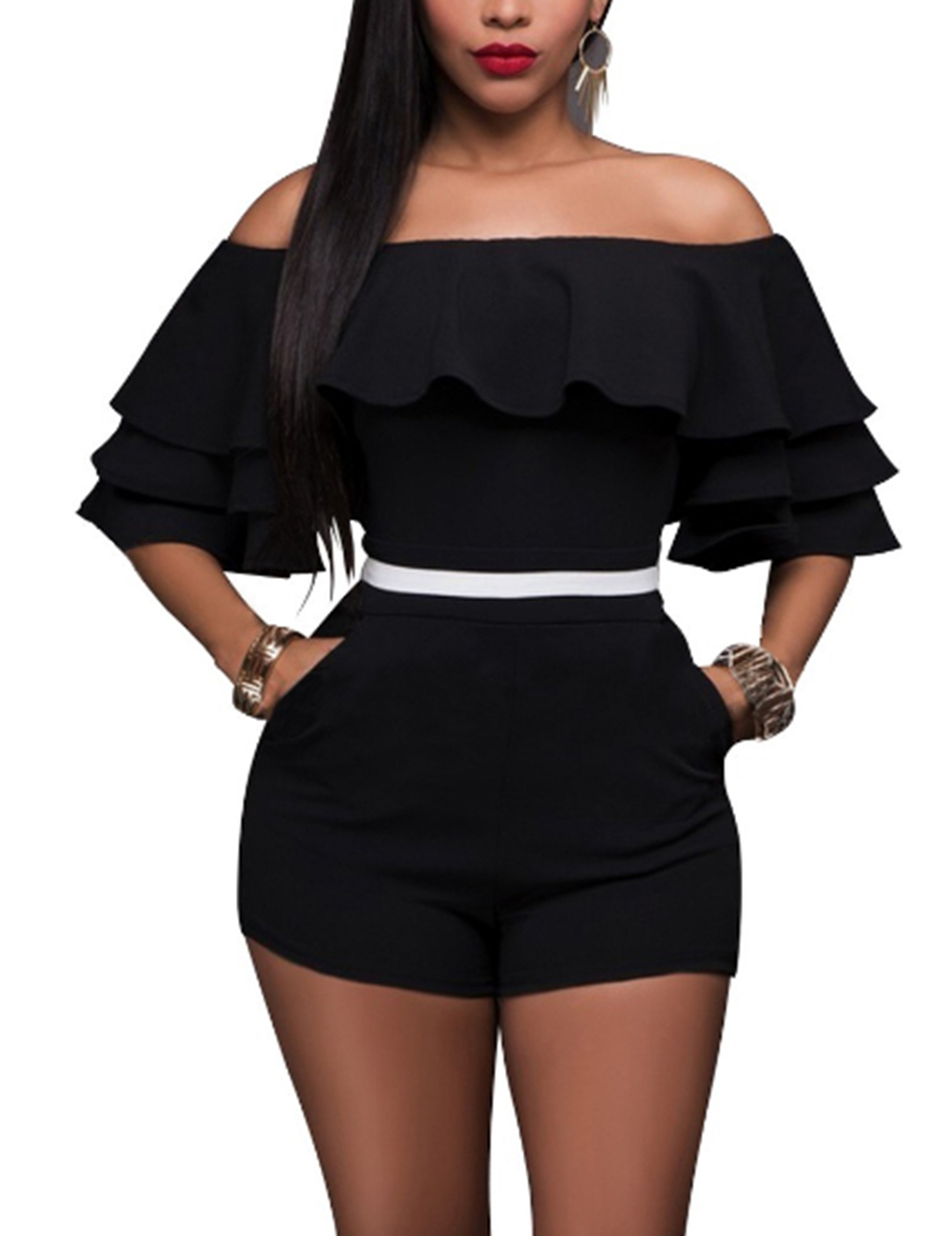Women Fashion Sexy Slim Off Shoulder Tops Ruffle Solid Color One-piece Short Siamese Pants