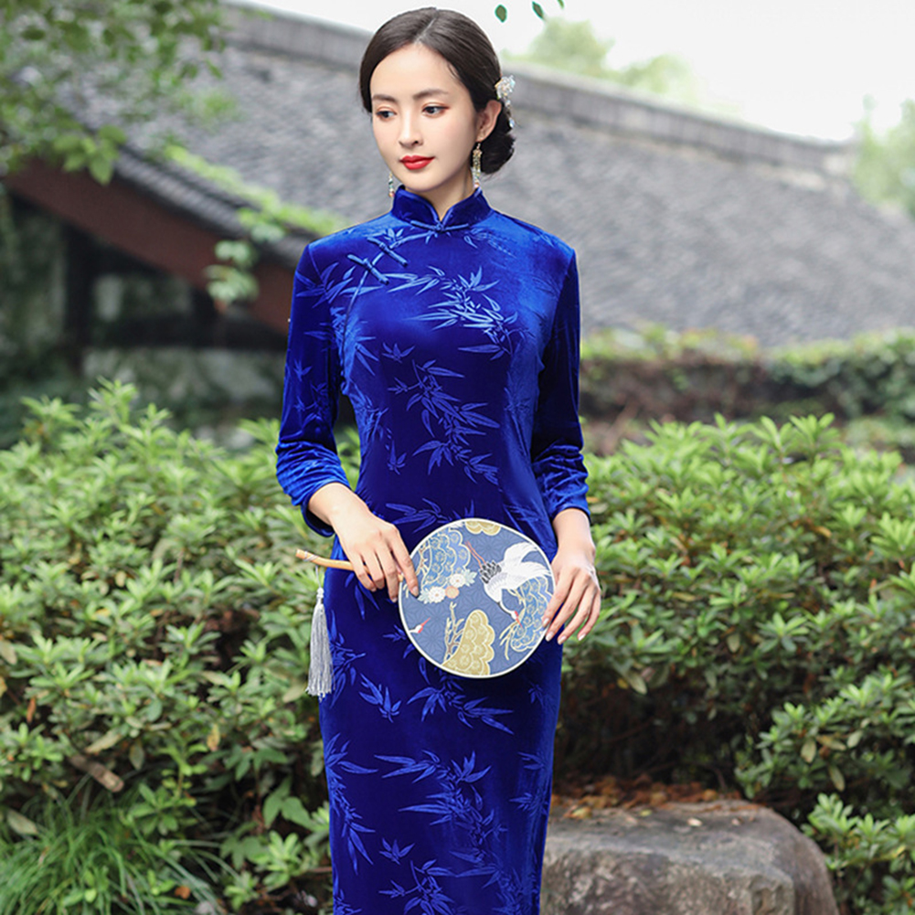 Women Velvet Cheongsam Dress Stylish Slim Fit Large Size Long Skirt Elegant Stand Collar High Slit Dress T0072-3 sapphire blue L