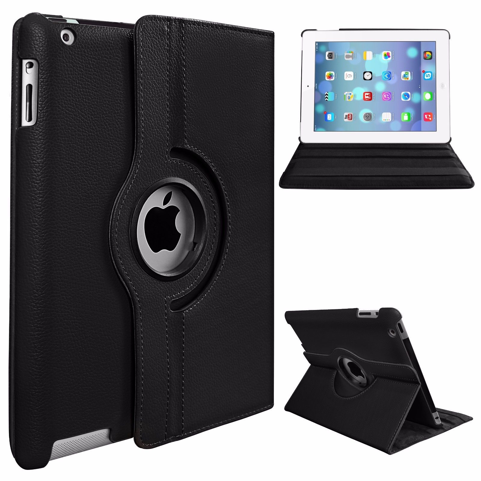 360 Degree Rotating Stand PU Leather Case Cover for Apple iPad2 iPad3 iPad4 - Black