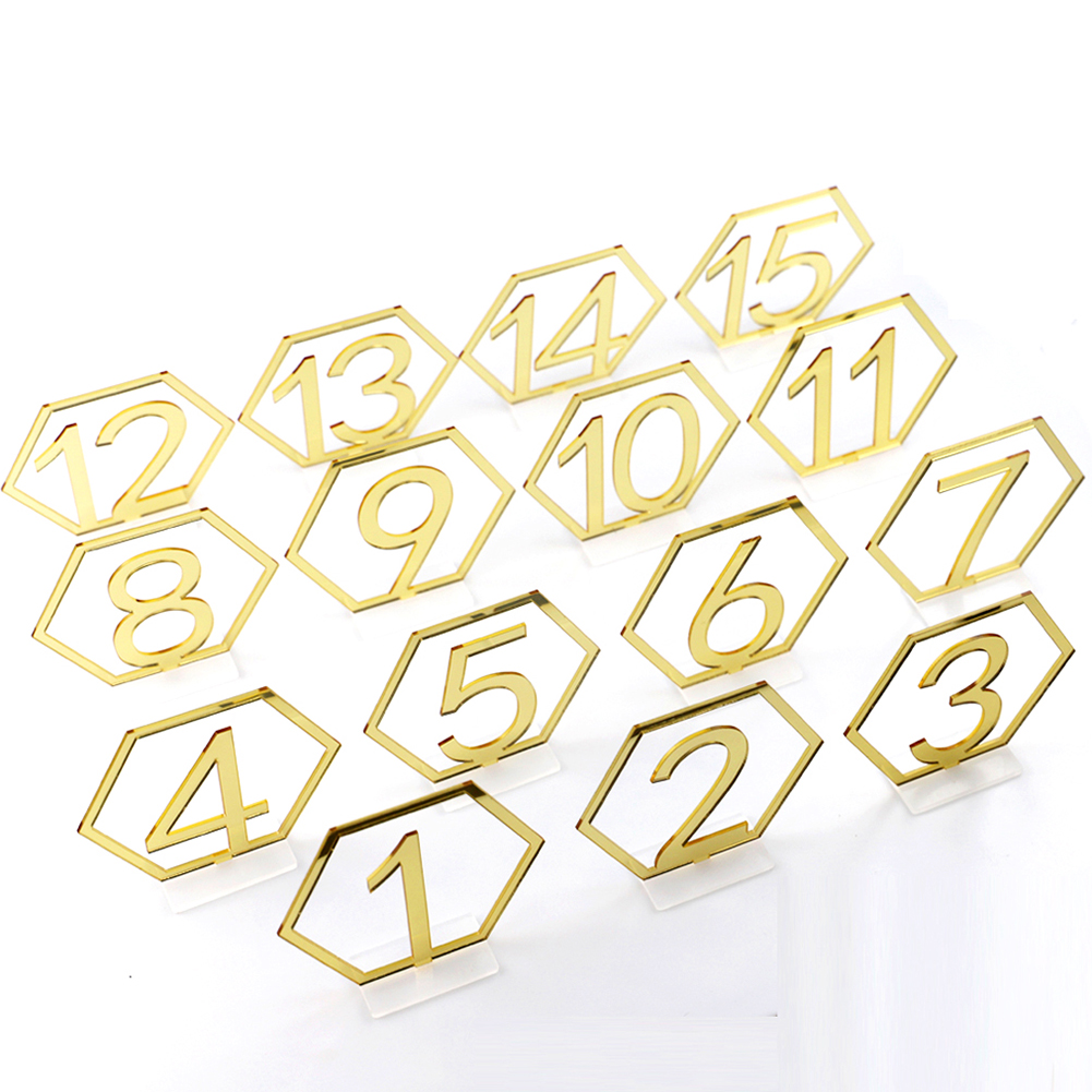 1-15 Hexagon Table Number Signs Acrylic Mirror Number Symbols for Wedding Party Decoration Gold