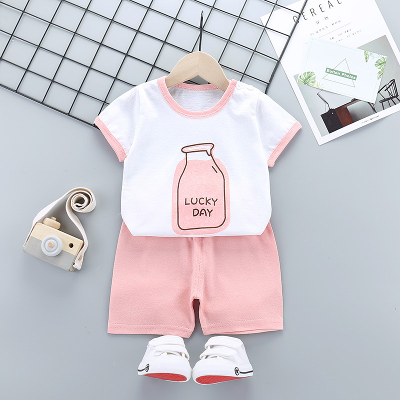 Kids T-shirt Set Fashion Cartoon Printing Short Sleeves Shirt Shorts Summer Cotton Clothing Suit For Kids Aged 0-5 bottle 18-24M 80-90cm