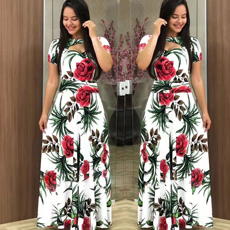 Women Short Sleeves Dress Fashion Floral Digital Printing Large Swing Long Skirt Summer Round Neck Large Size Dress D short sleeve 4XL