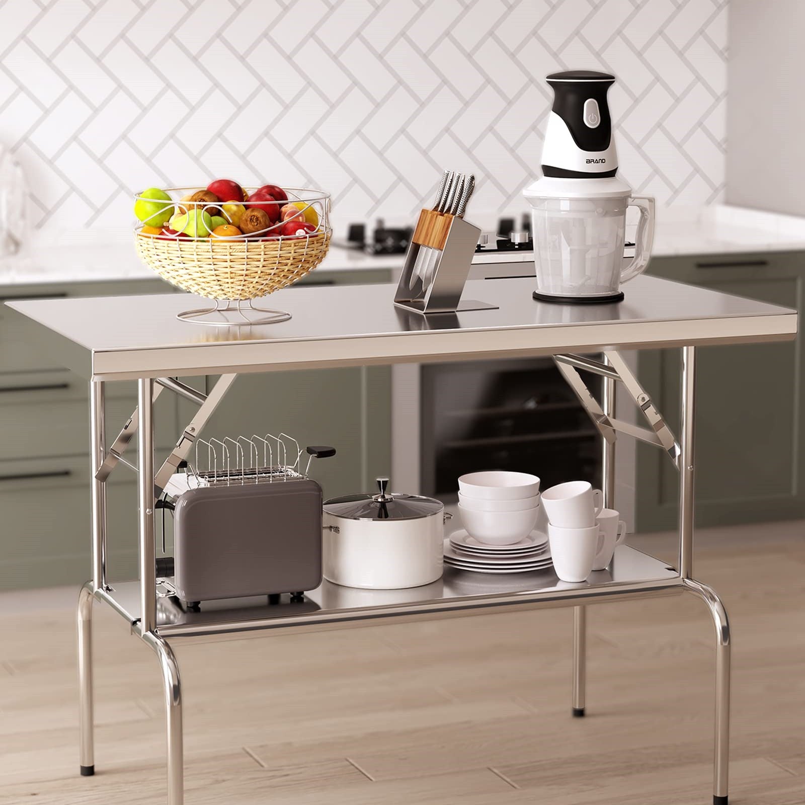 US GARVEE Stainless Steel Folding Table with Undershelf Commercial Kitchen Prep Table for Home Restaurant Hotel