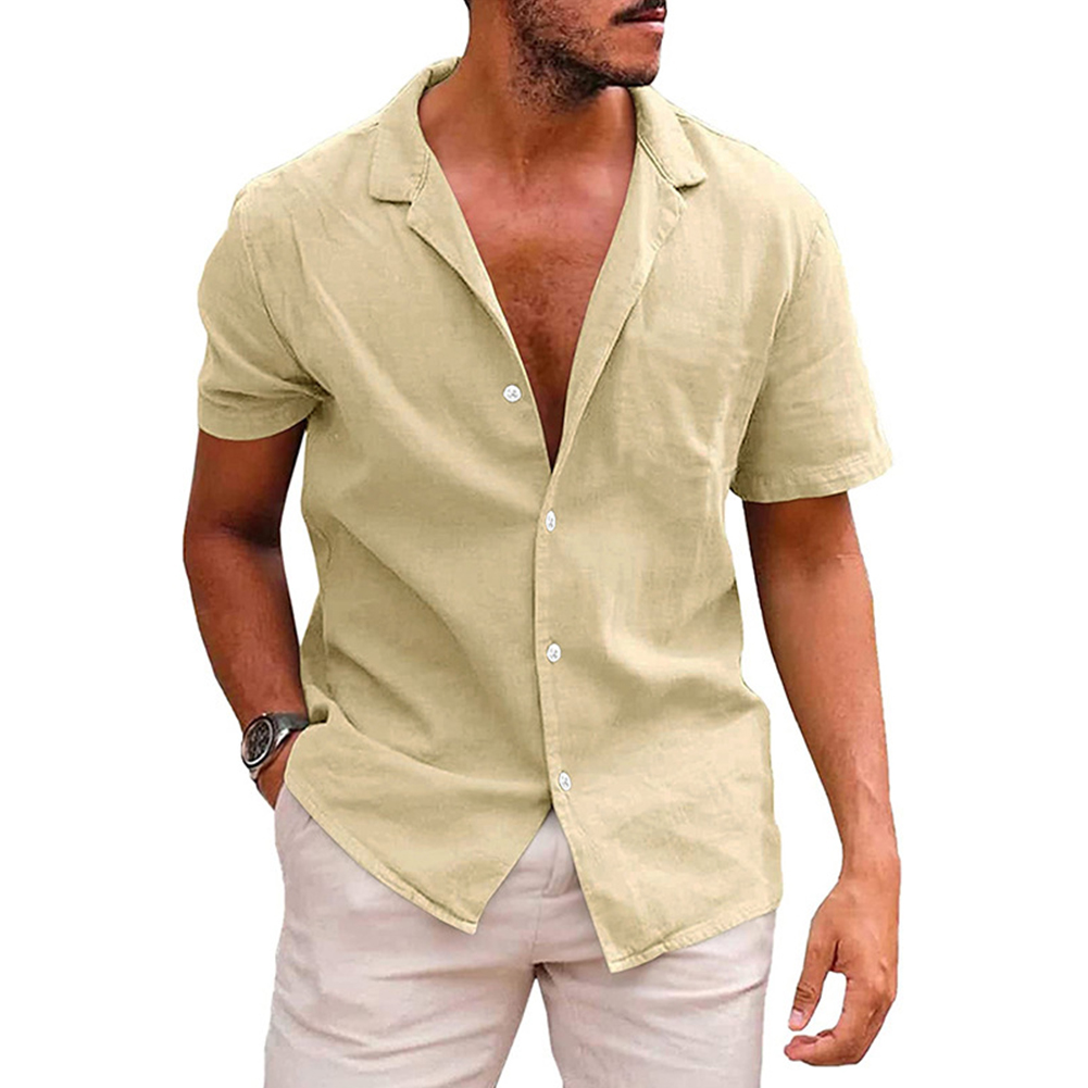 Summer Short Sleeves Shirt For Men Fashion Lapel Cotton Linen Button Cardigan Tops Khaki 2XL