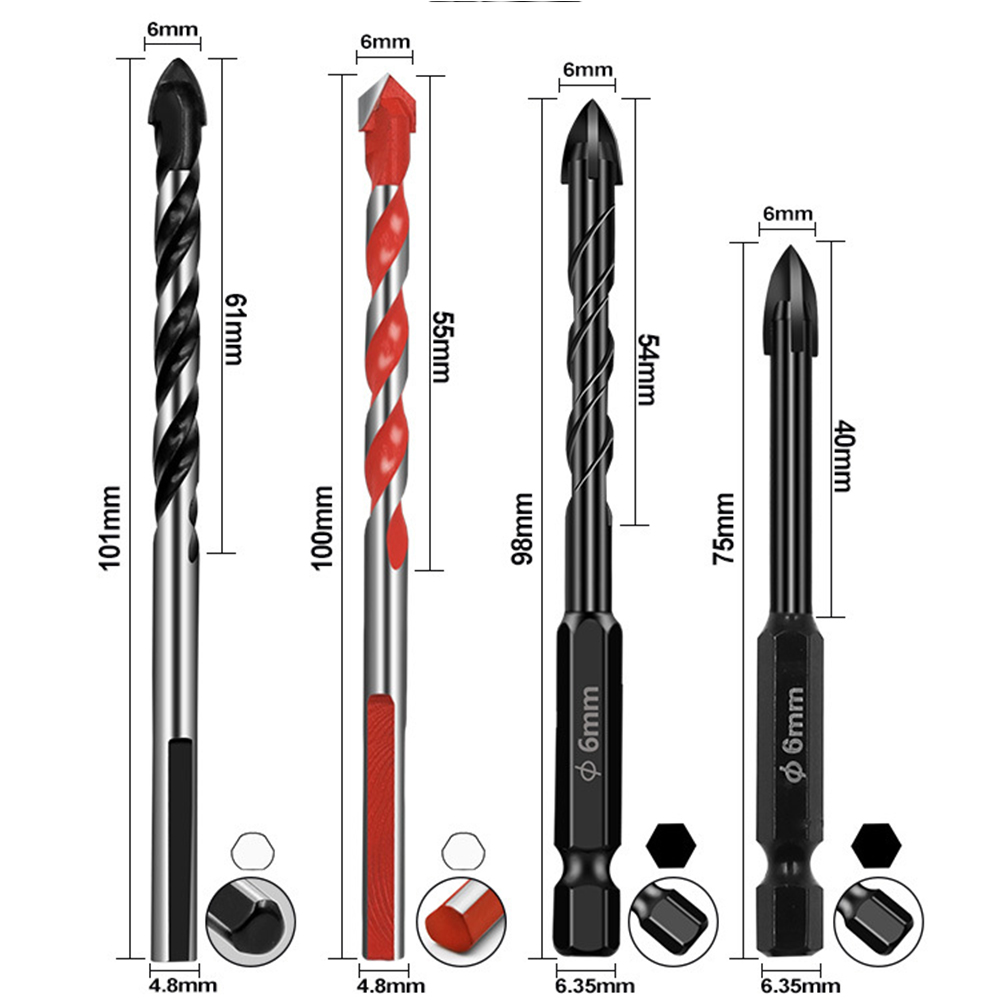 4pcs Cross Hex Tile Drill Bits Lengthened Glass Ceramic Twist Bits