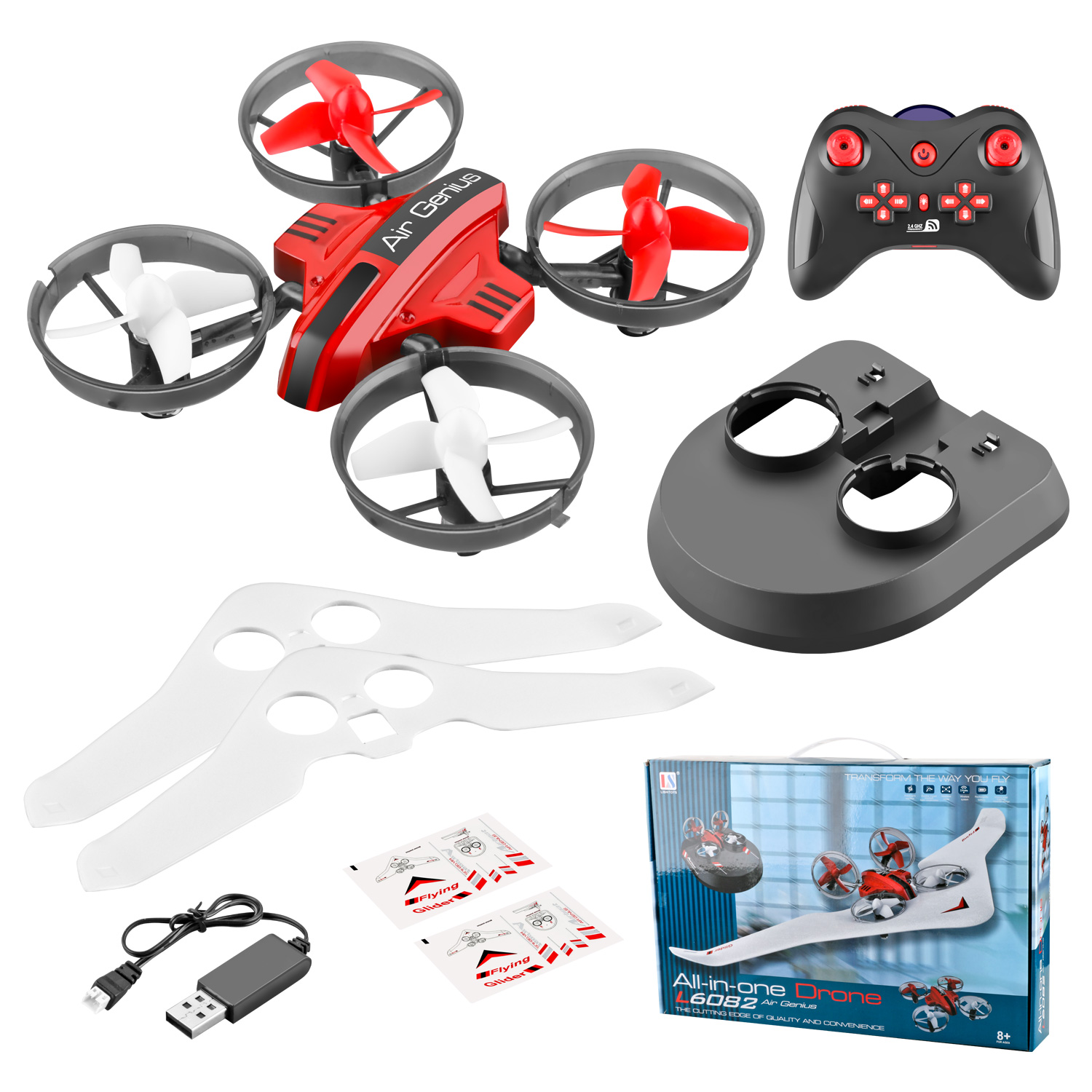 L6082 DIY All in One Air Genius Drone 3-Mode With Fixed Wing Glider Attitude Hold RC Quadcopter RTF red_Single battery