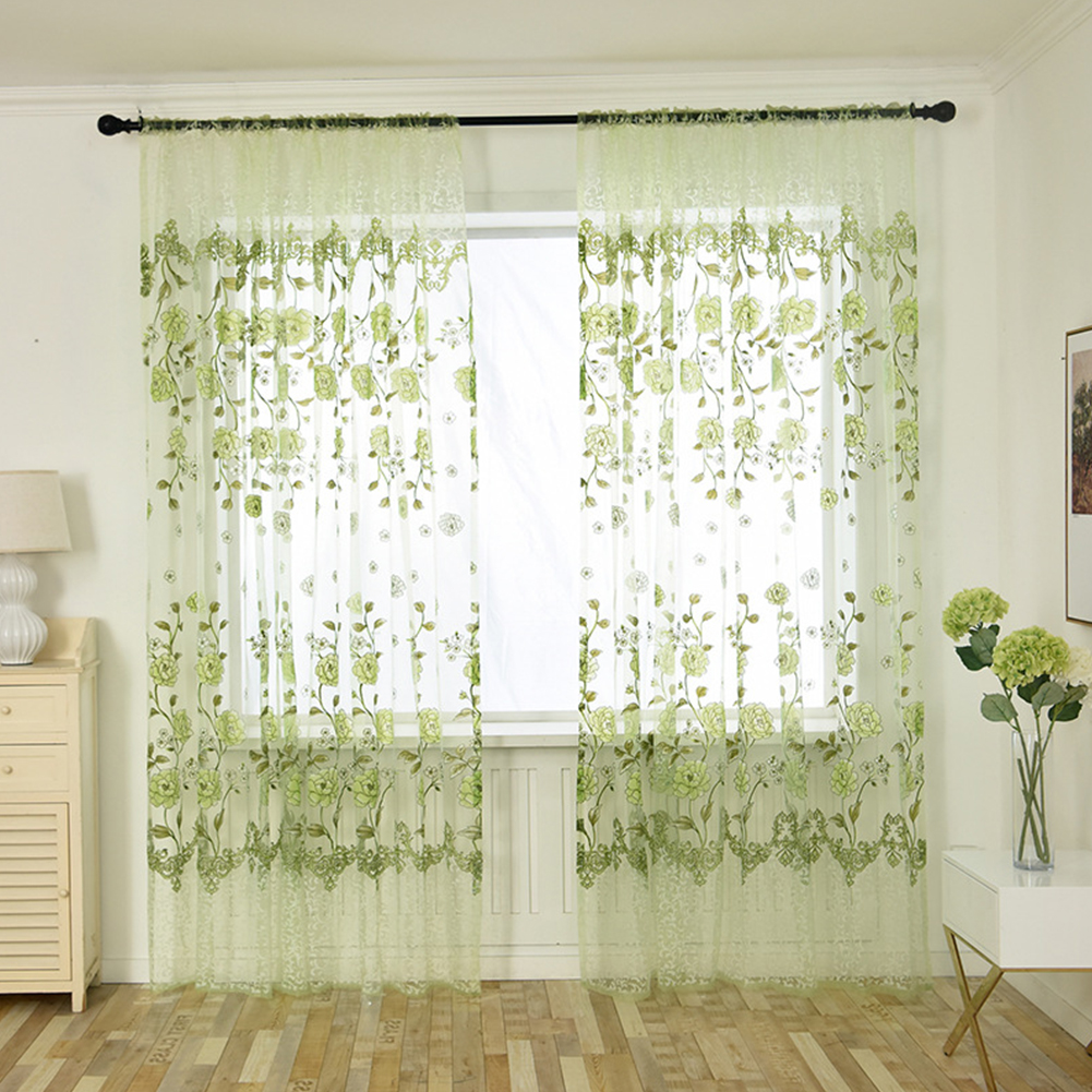 Home Office Peony Pattern Printing Thin Window Tulle Curtain Pole Style green_100*200CM